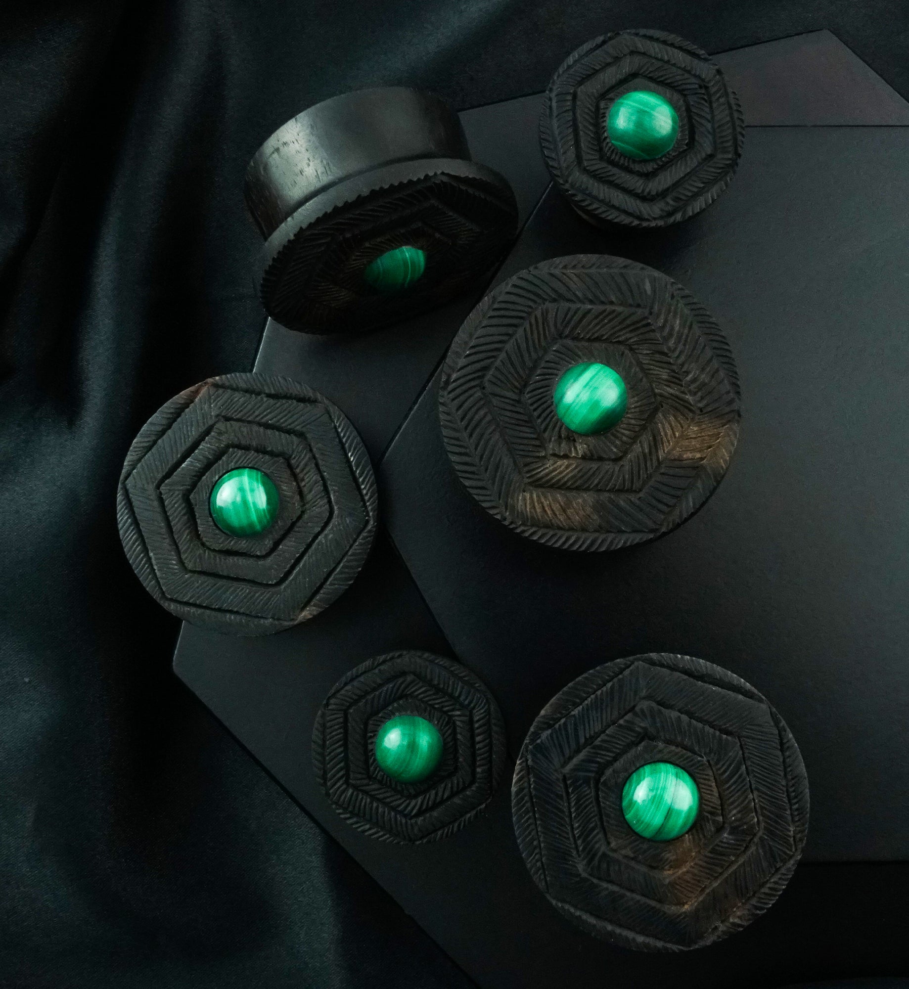 Boundary Geo Malachite Stone Inlay Areng Wood Mayan Flare Plugs