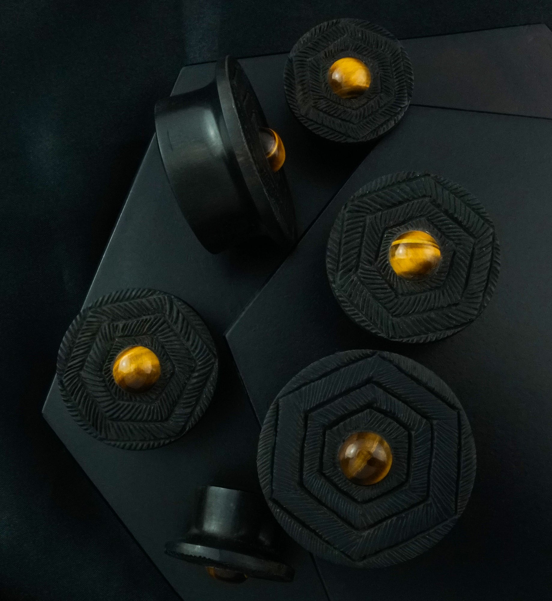 Boundary Geo Tiger Eye Stone Inlay Areng Wood Mayan Flare Plugs