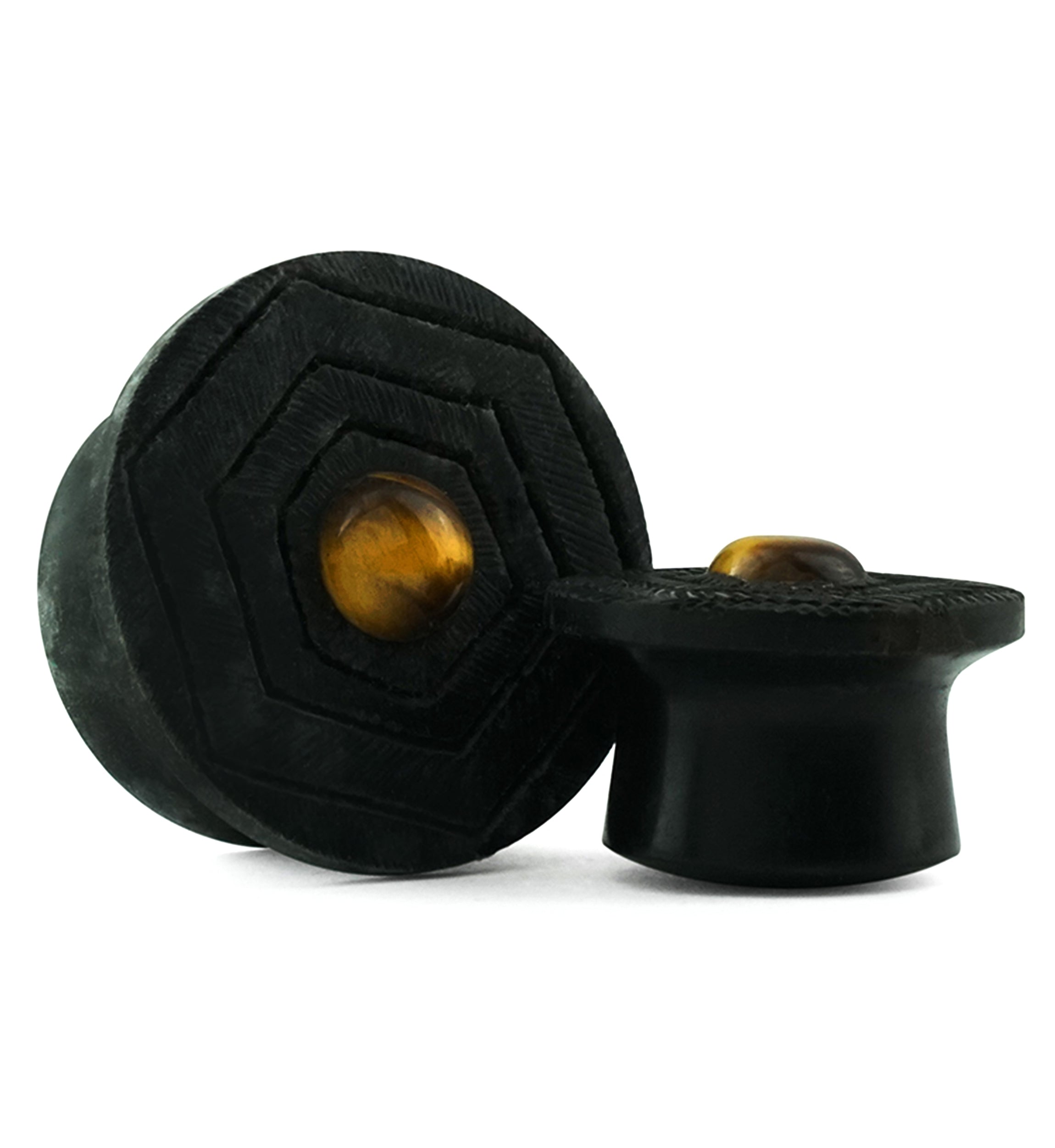 Boundary Geo Tiger Eye Stone Inlay Areng Wood Mayan Flare Plugs