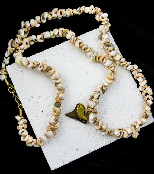 Brass Fossilized Shark Tooth Seashell Necklace