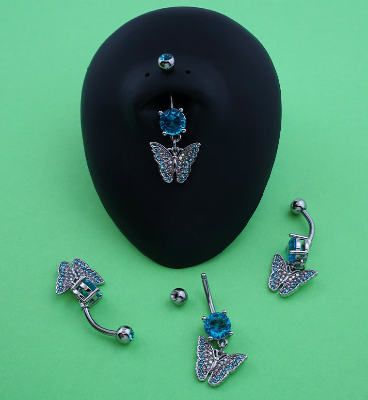 Butterfly Aqua and Rainbow Aurora CZ Stainless Steel Belly Button Ring