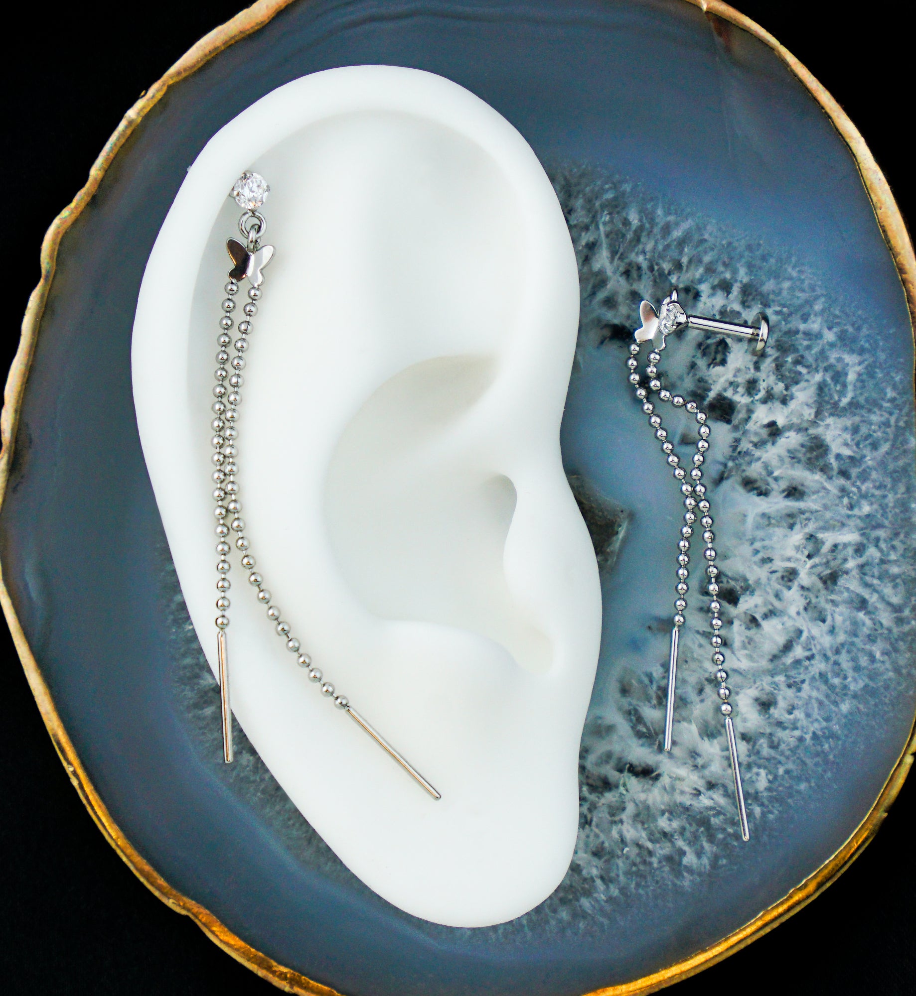 Butterfly Beaded Dangle Chain Stainless Steel Internally Threaded Labret