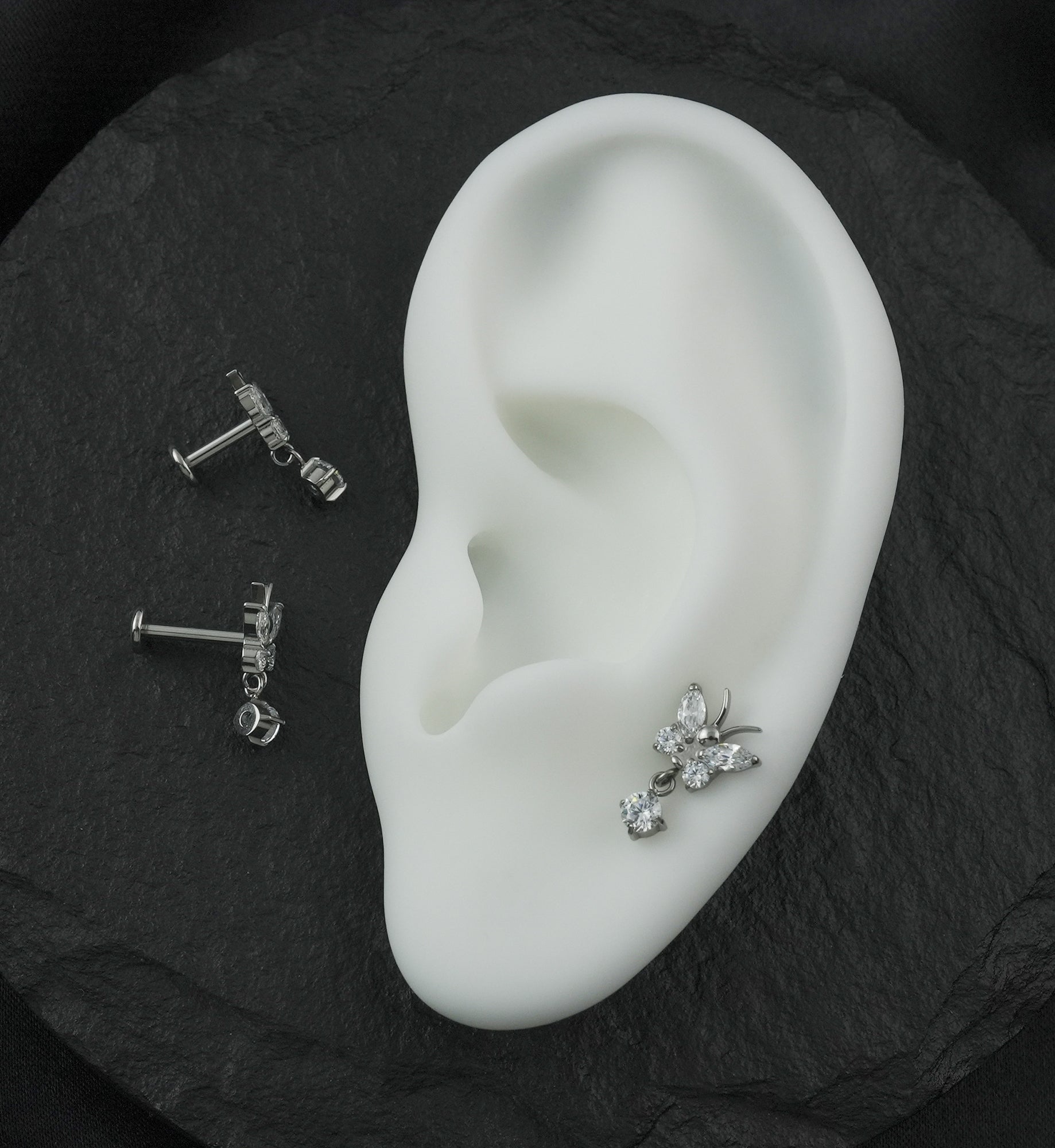 Butterfly Clear CZ Dangle Internally Threaded Titanium Labret