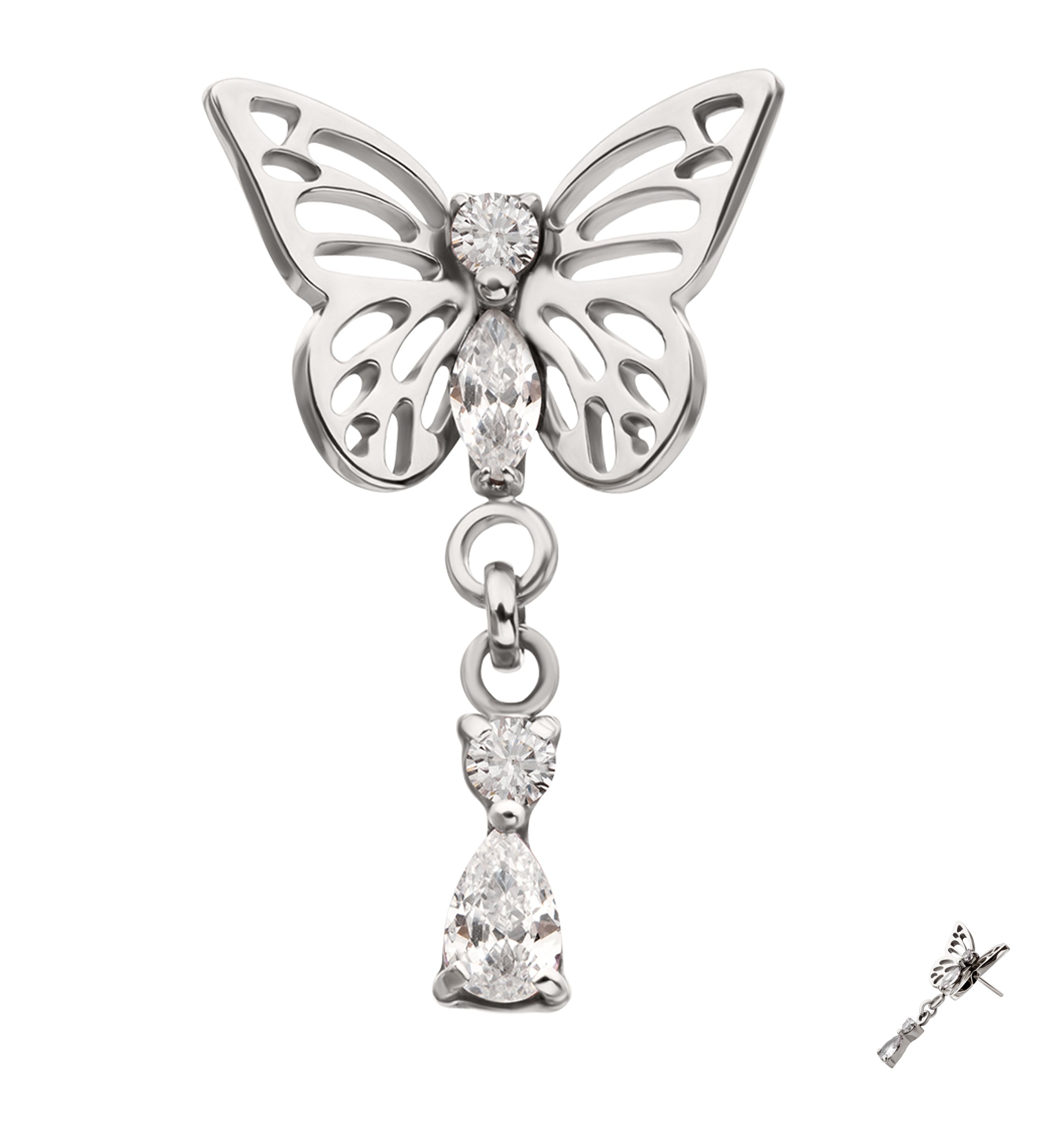 Butterfly Clear CZ Teardrop Dangle Titanium Threadless Top