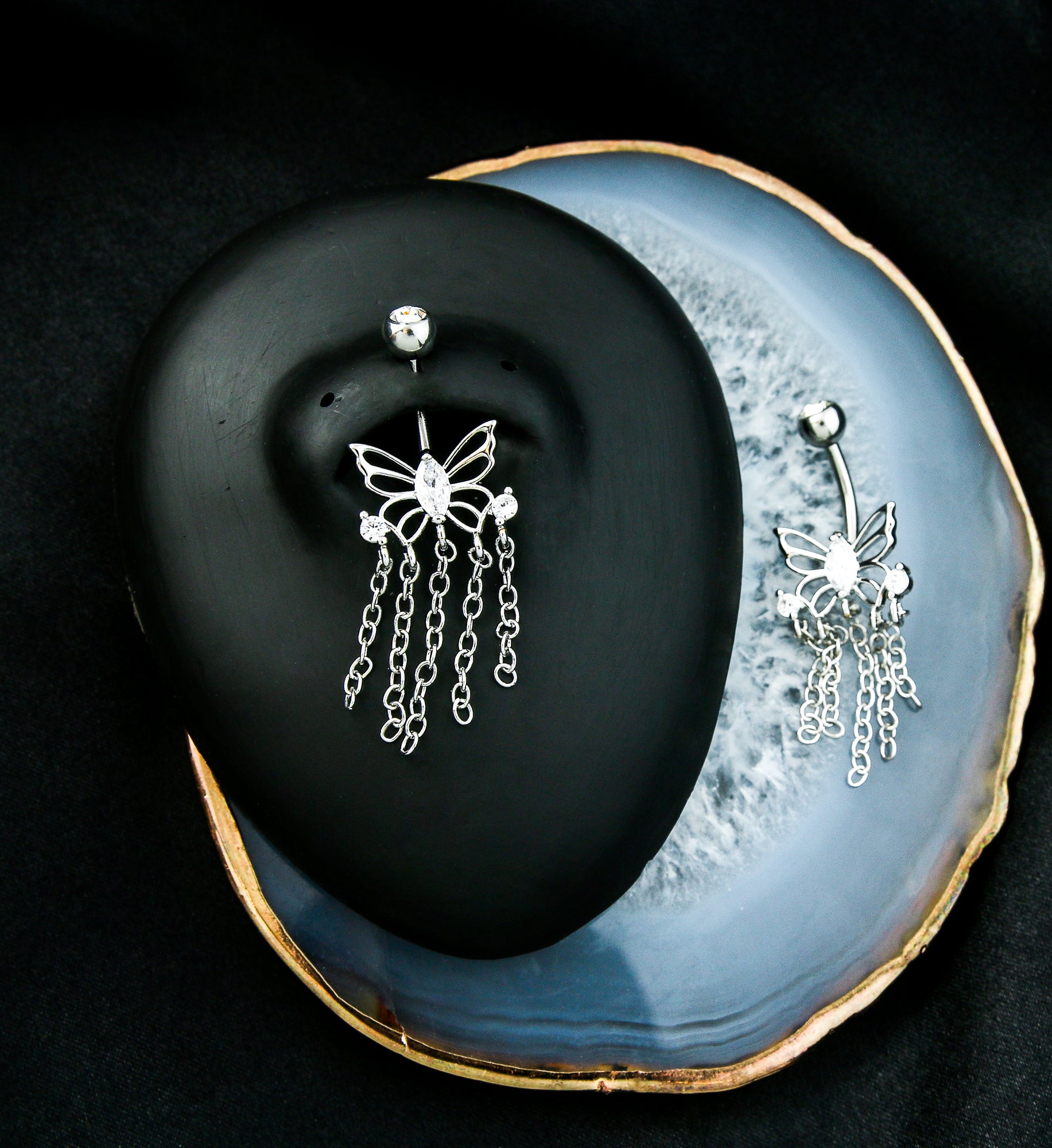 Butterfly Dangle Chains Clear CZ Stainless Steel Belly Button Ring