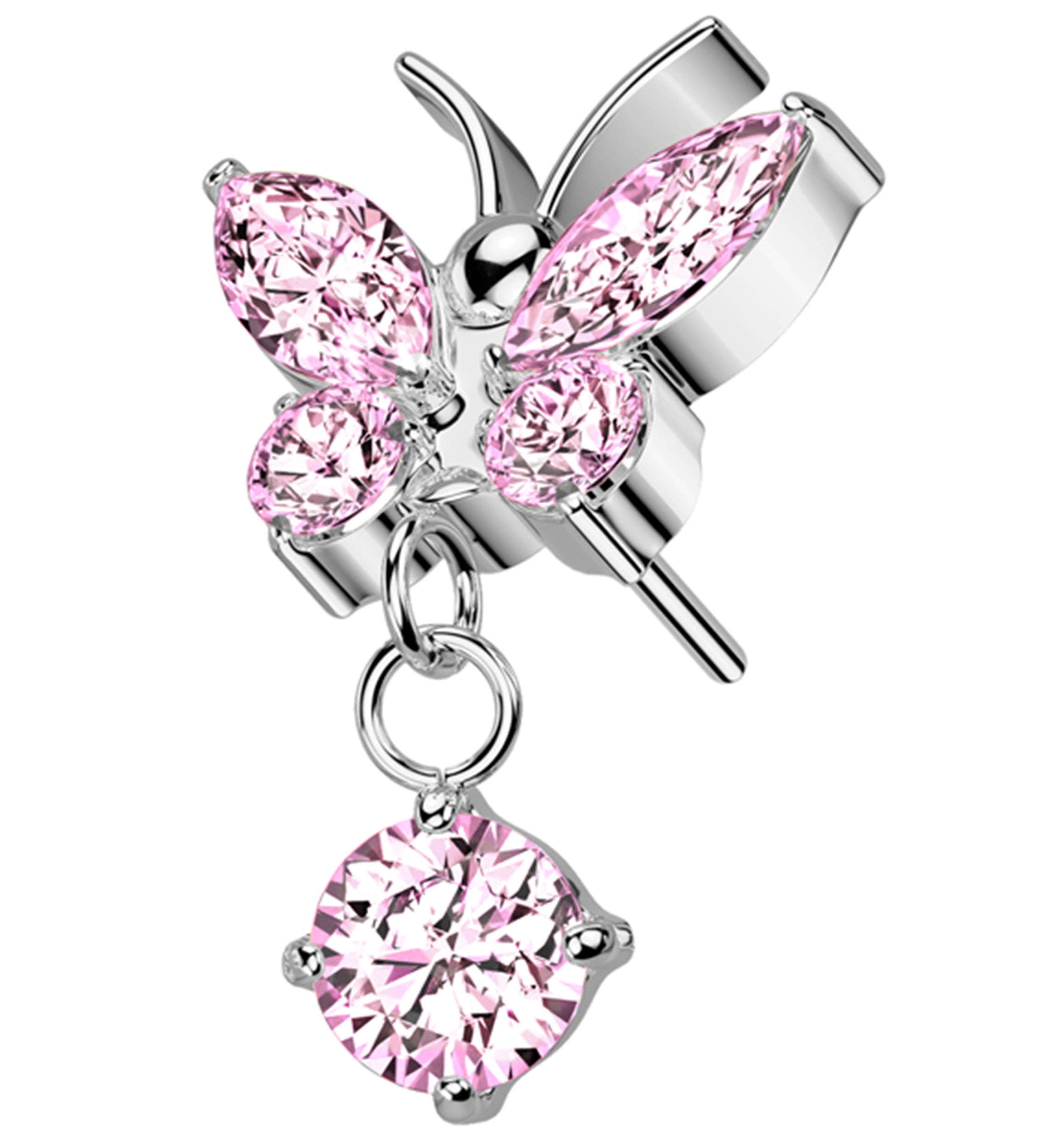 Butterfly Pink CZ Dangle Titanium Threadless Top