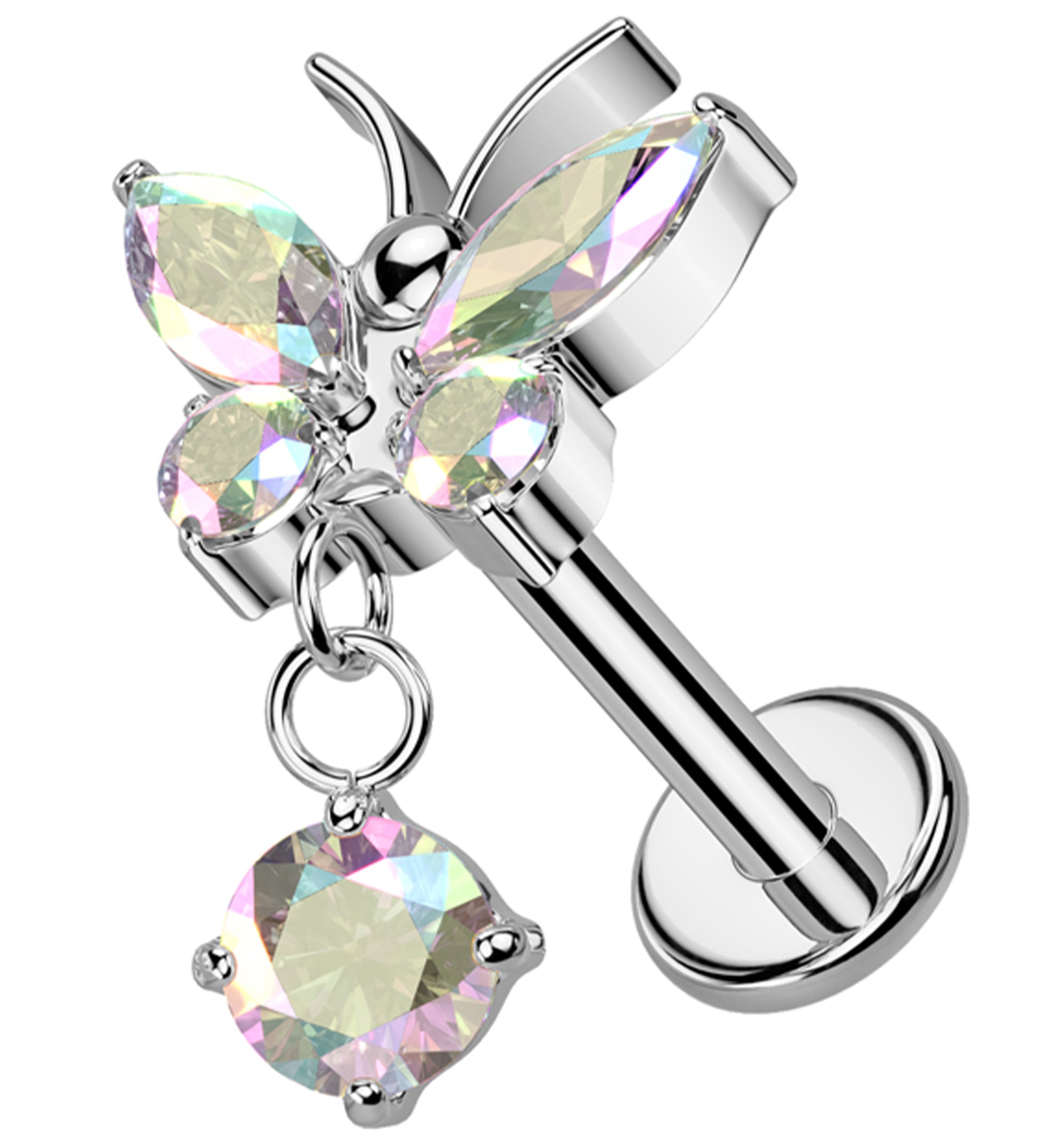 Butterfly Rainbow Aurora CZ Dangle Internally Threaded Titanium Labret