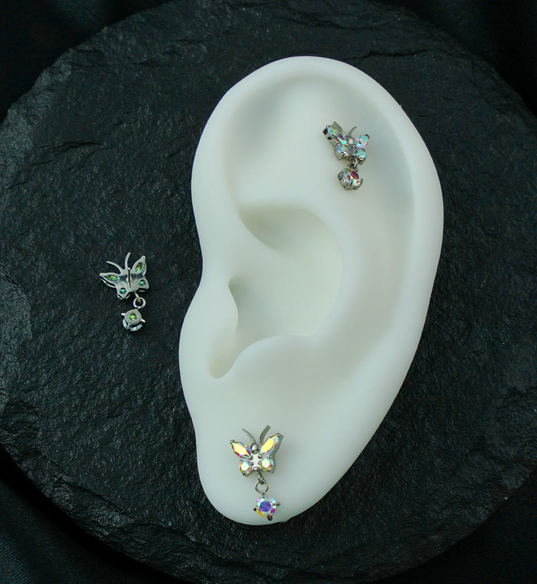 Butterfly Rainbow Aurora CZ Dangle Titanium Threadless Top