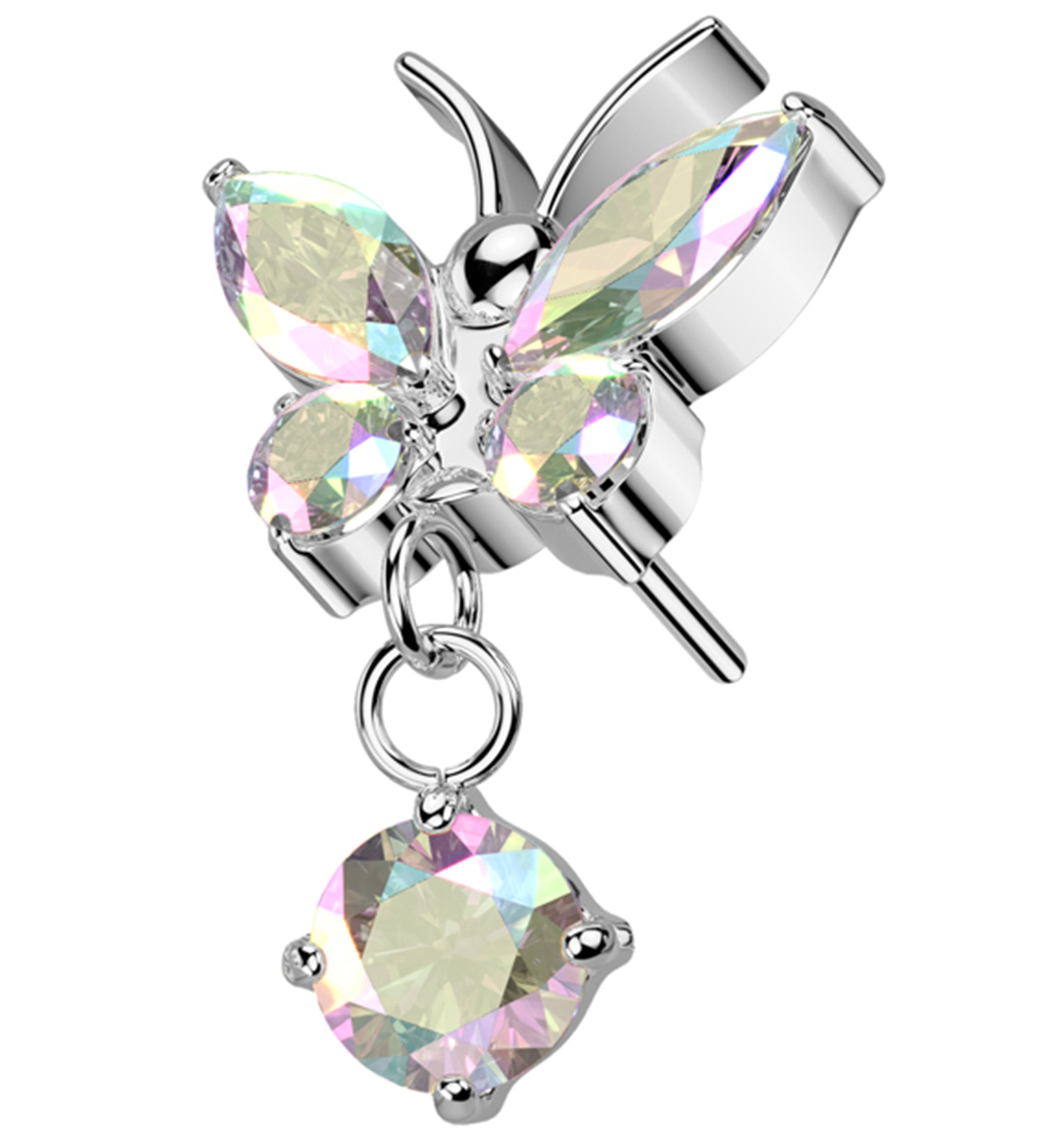 Butterfly Rainbow Aurora CZ Dangle Titanium Threadless Top