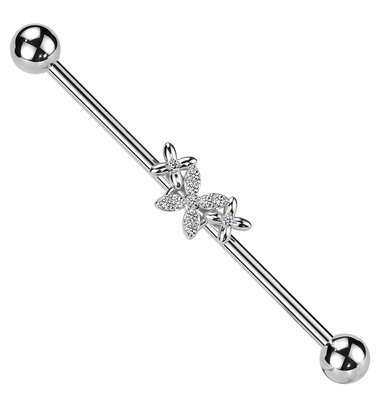 Butterfly Trio Clear CZ Stainless Steel Industrial Barbell