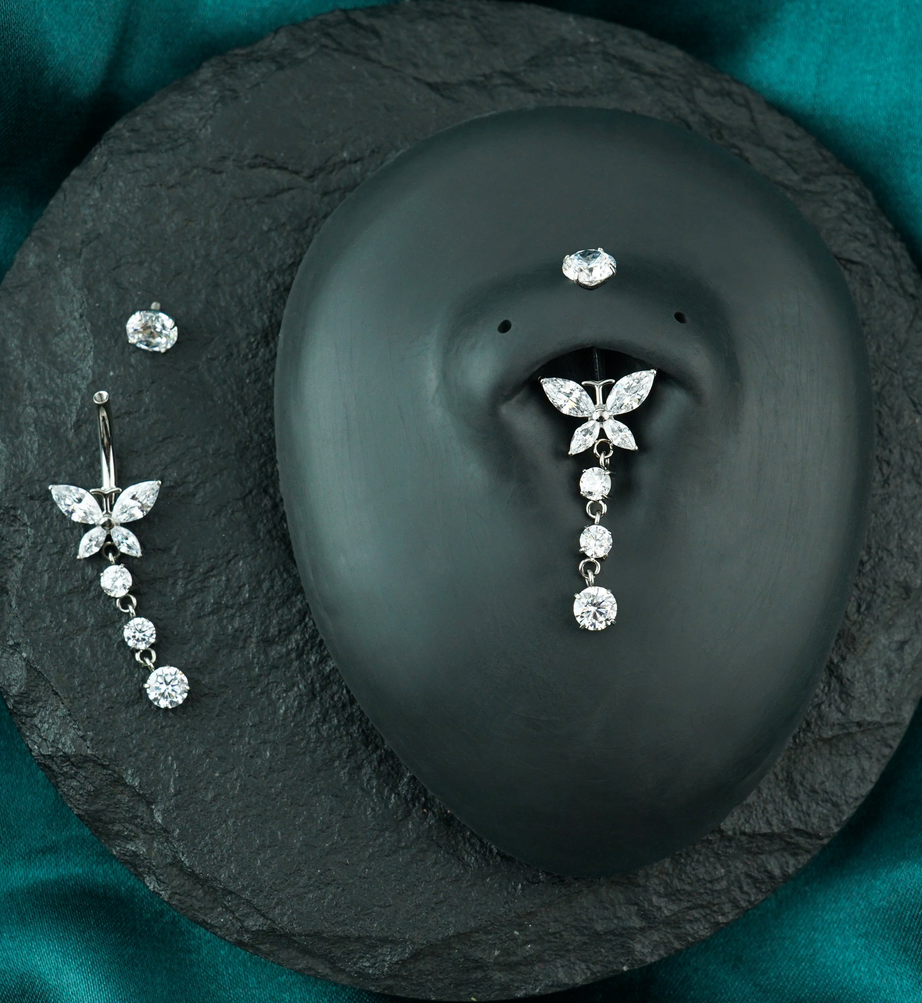 Butterfly Triple Dangle Clear CZ Titanium Internally Threaded Belly Button Ring