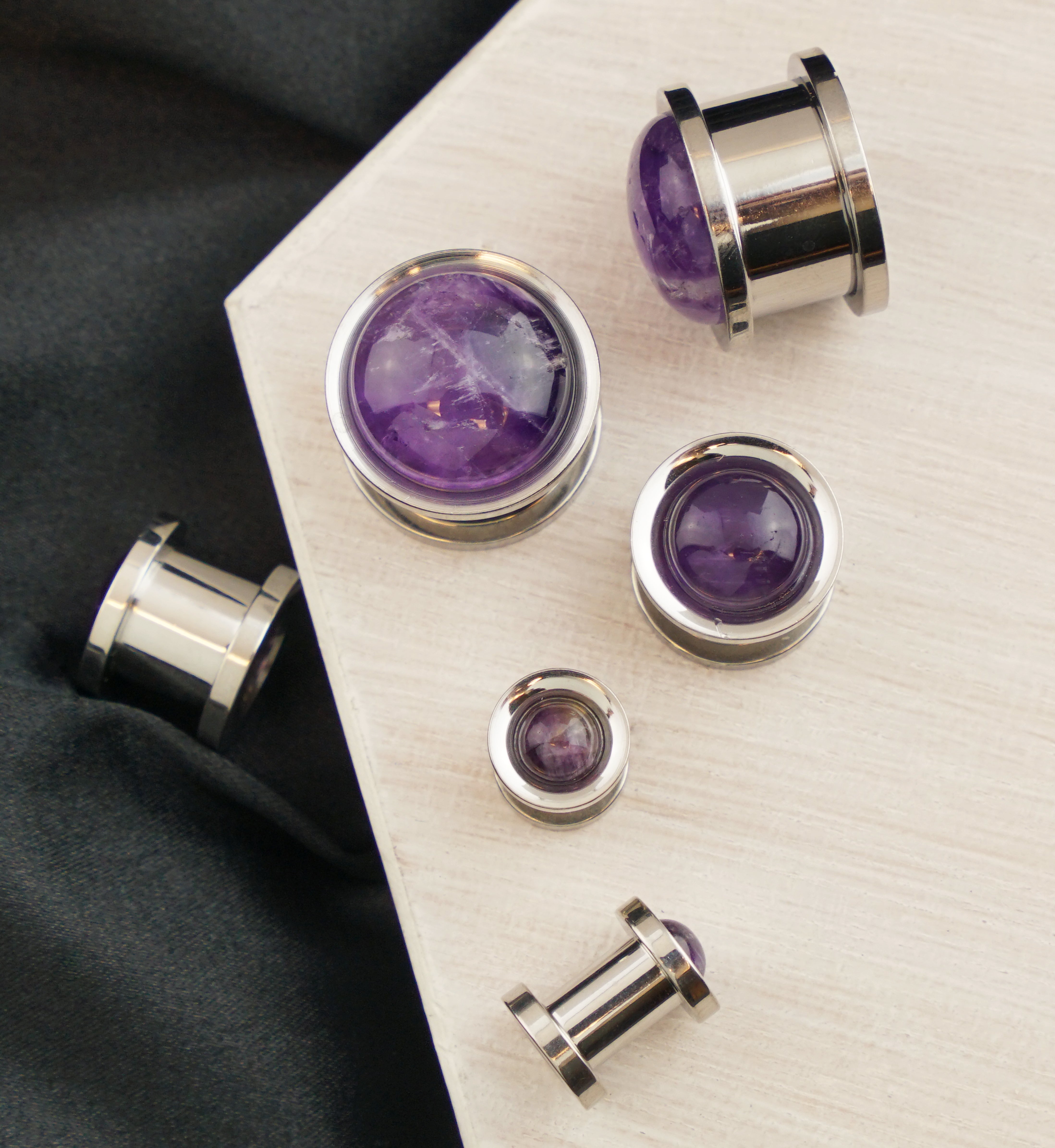 Cabochon Amethyst Stainless Steel Screw Back Tunnel Plugs