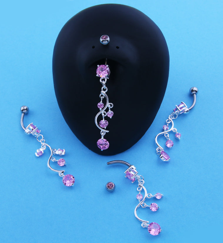 Candelabrum Pink CZ Dangle Stainless Steel Belly Button Ring