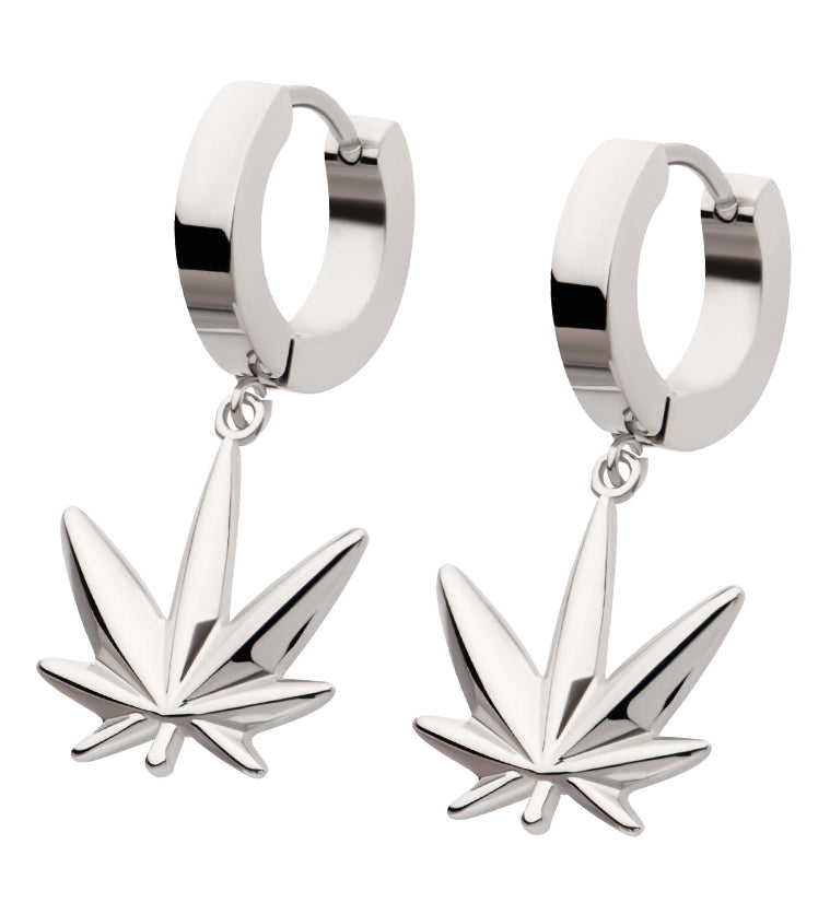 Cannabis Leaf Stainless Steel Hoop Huggie Earrings