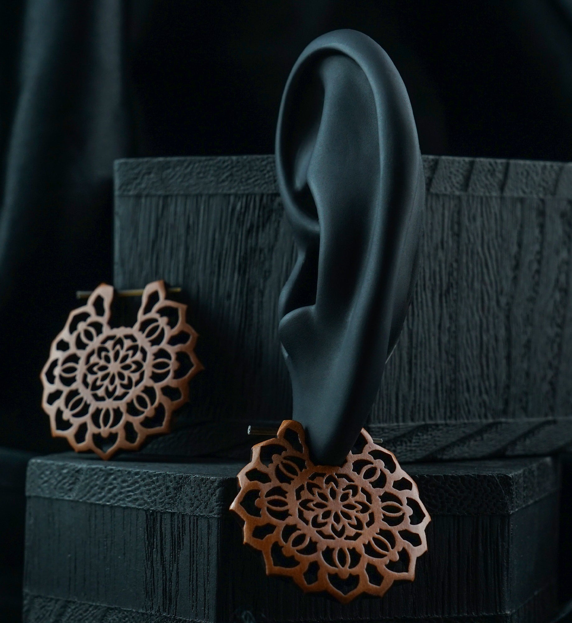 Carved Floral Sawo Wood Earrings