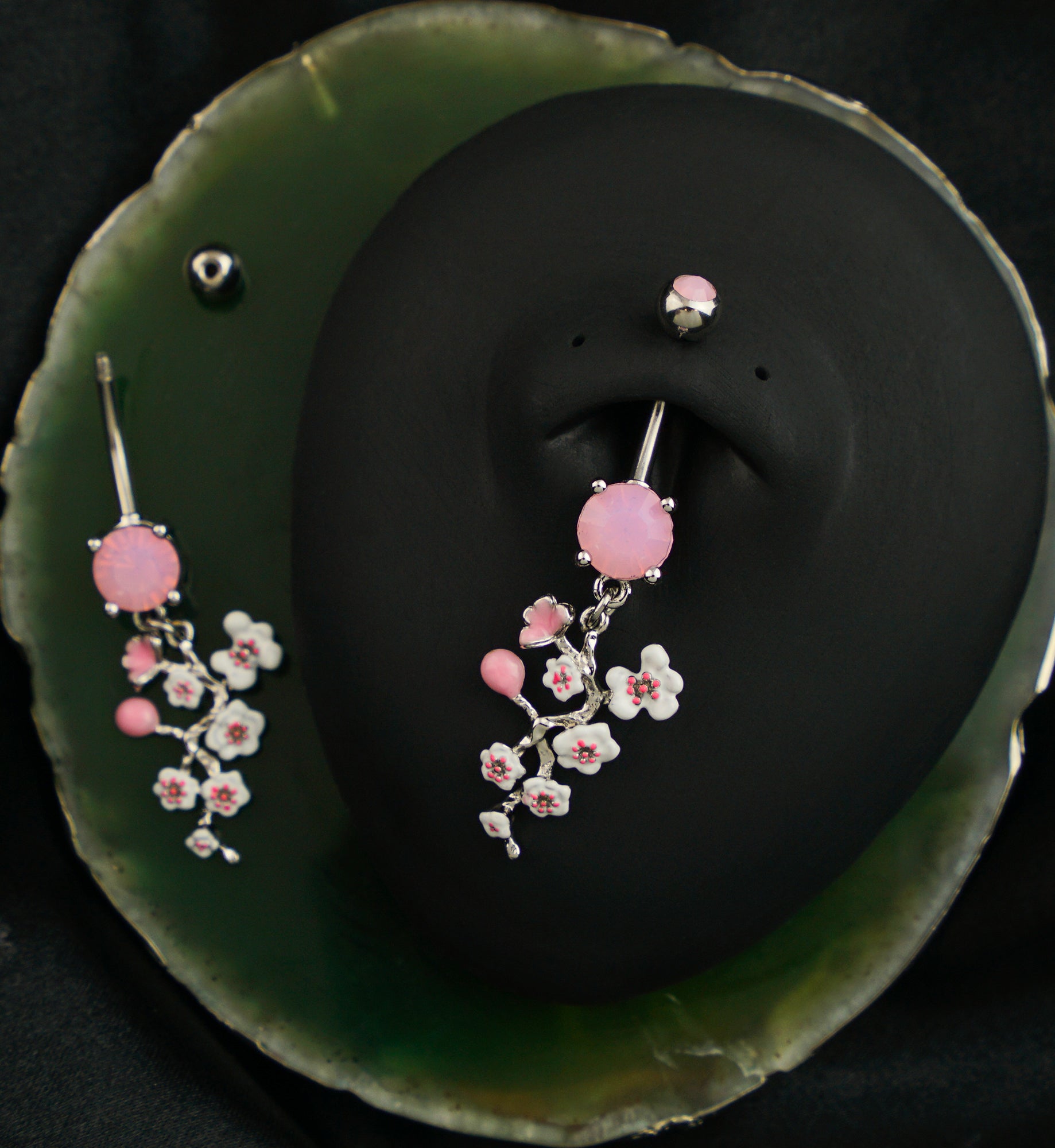 Cherry Blossom Vine Rose Quartz CZ Stainless Steel Belly Button Ring