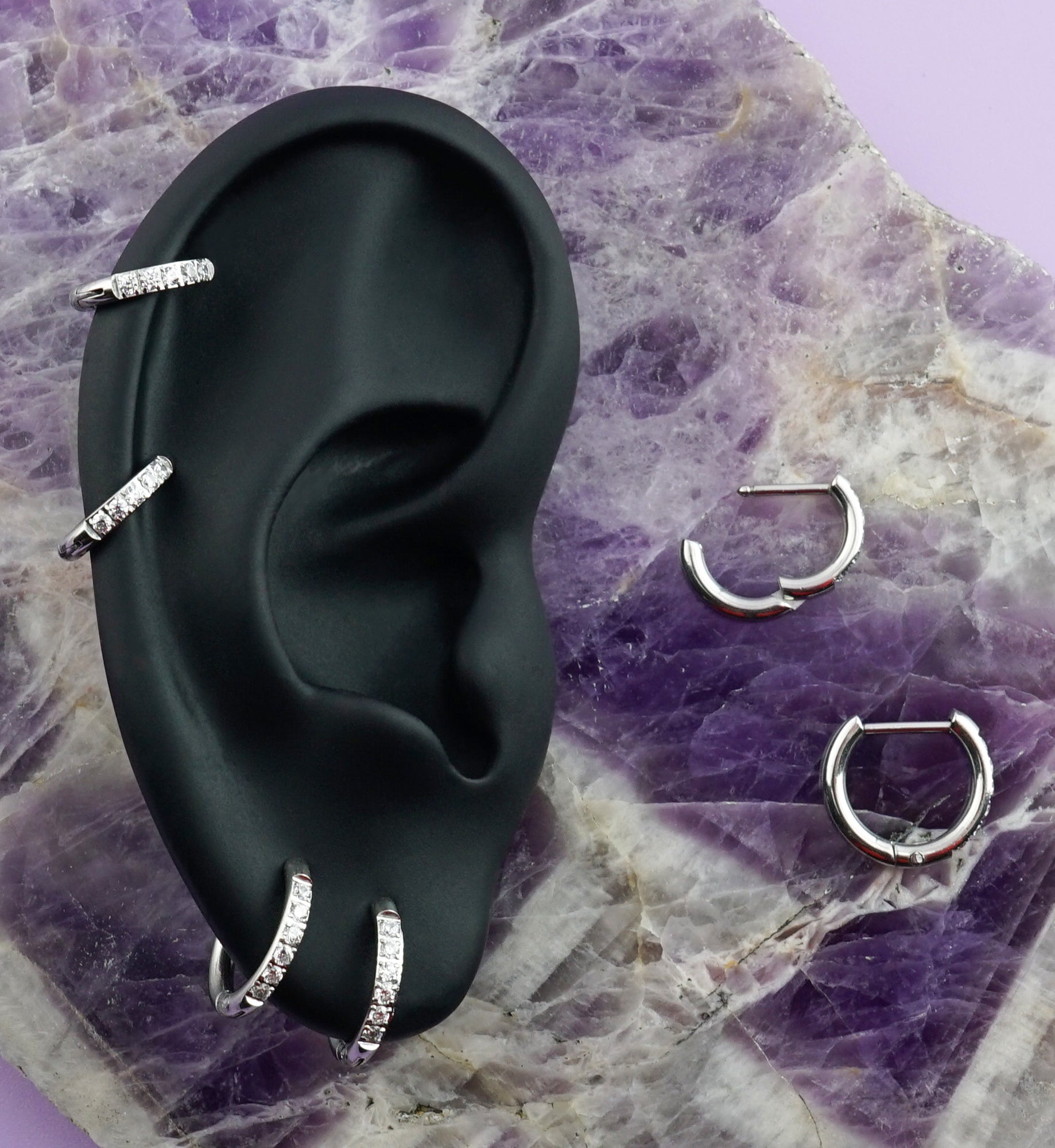 Clear CZ D-Shaped Stainless Steel Hinged Hoop Earrings