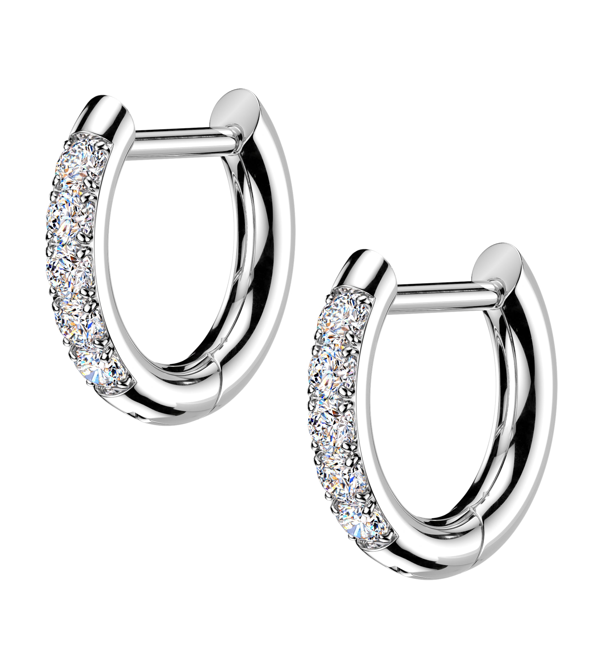 Clear CZ D-Shaped Stainless Steel Hinged Hoop Earrings