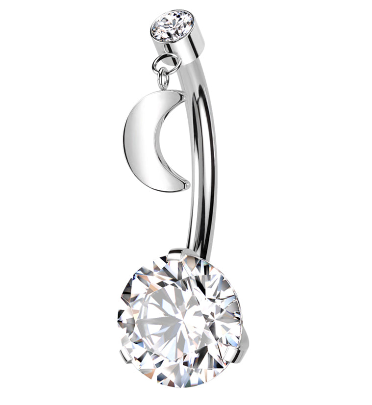 Clear CZ Dangle Half Moon Titanium Threadless Belly Button Ring