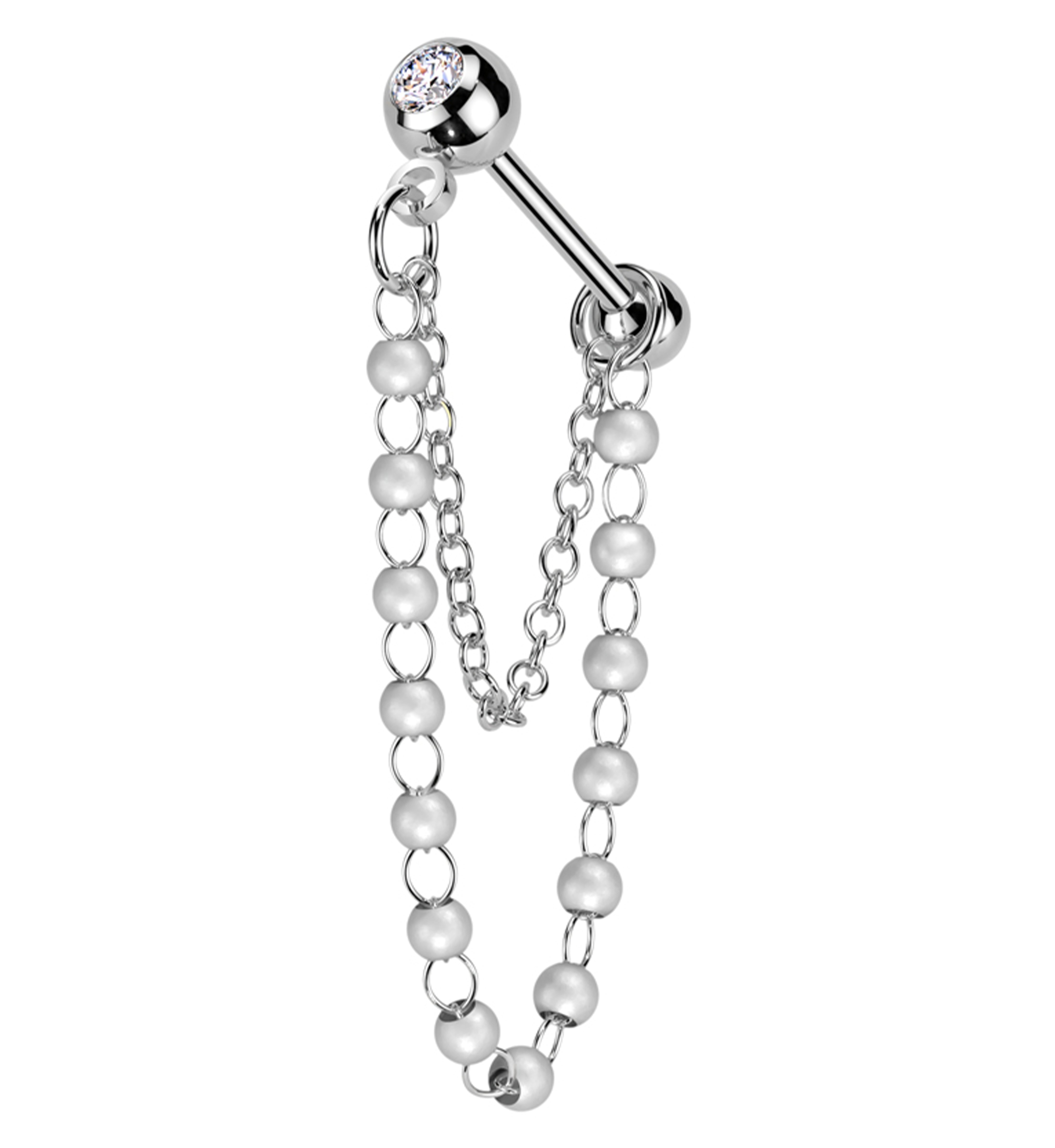 Clear CZ Stainless Steel Mini Pearl Dangle Chain