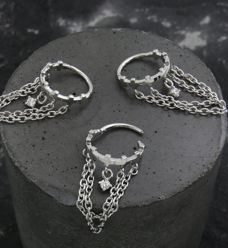 Cross Row Dangle Clear CZ Double Chain Stainless Steel Hinged Segment Ring