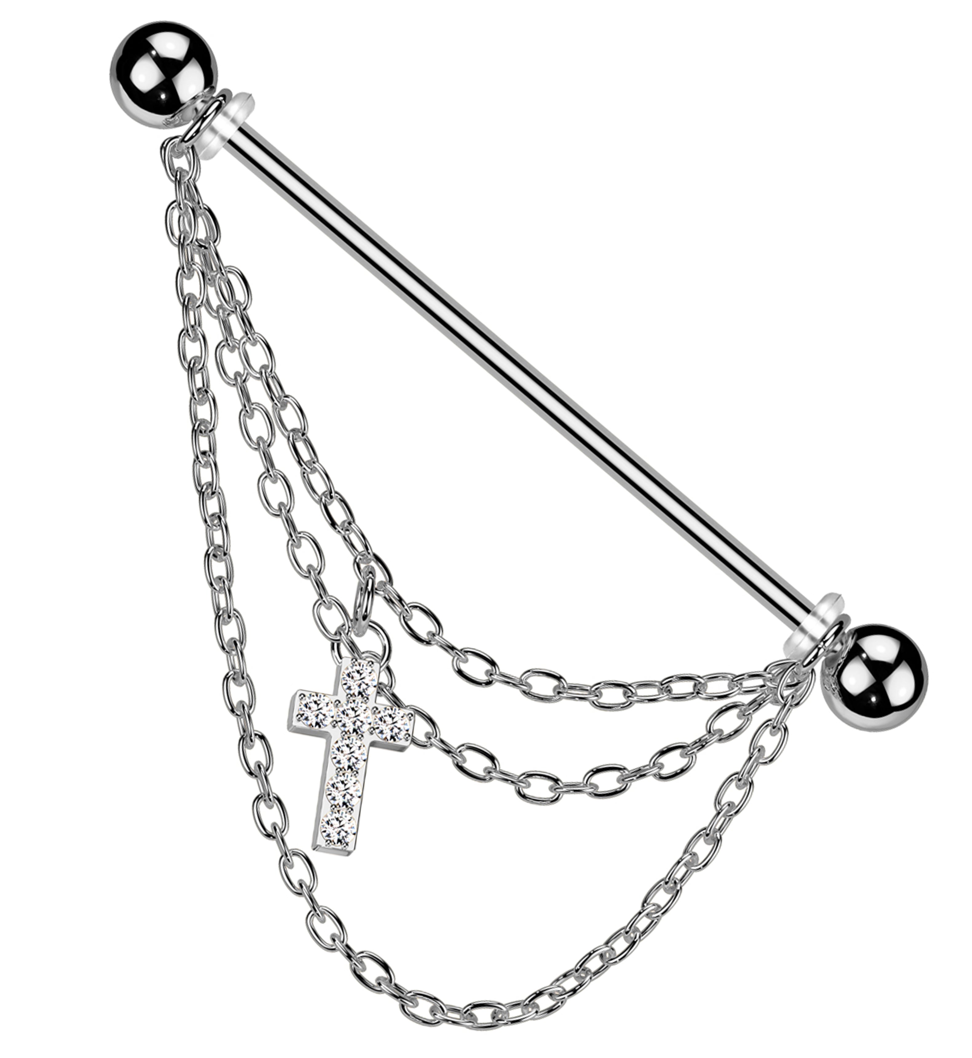 Cross Triple Chain Clear CZ Stainless Steel Industrial Barbell