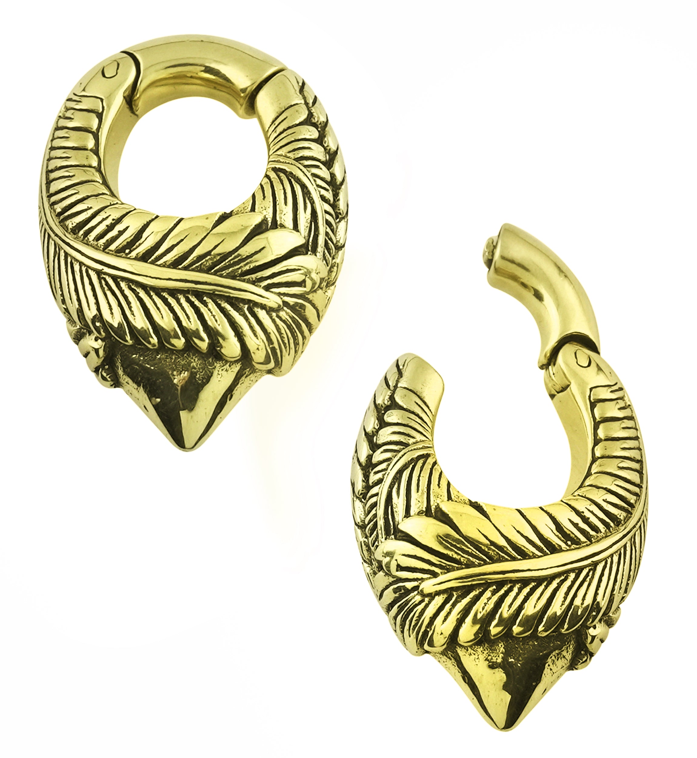 Crossed Feathers Keyhole Brass Hinged Ear Weights