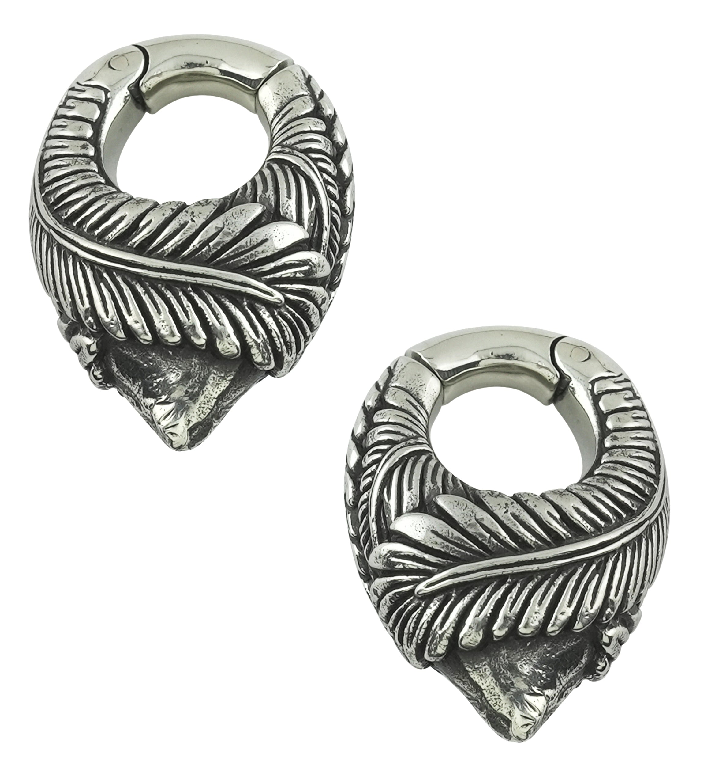 Crossed Feathers Keyhole White Brass Hinged Ear Weights