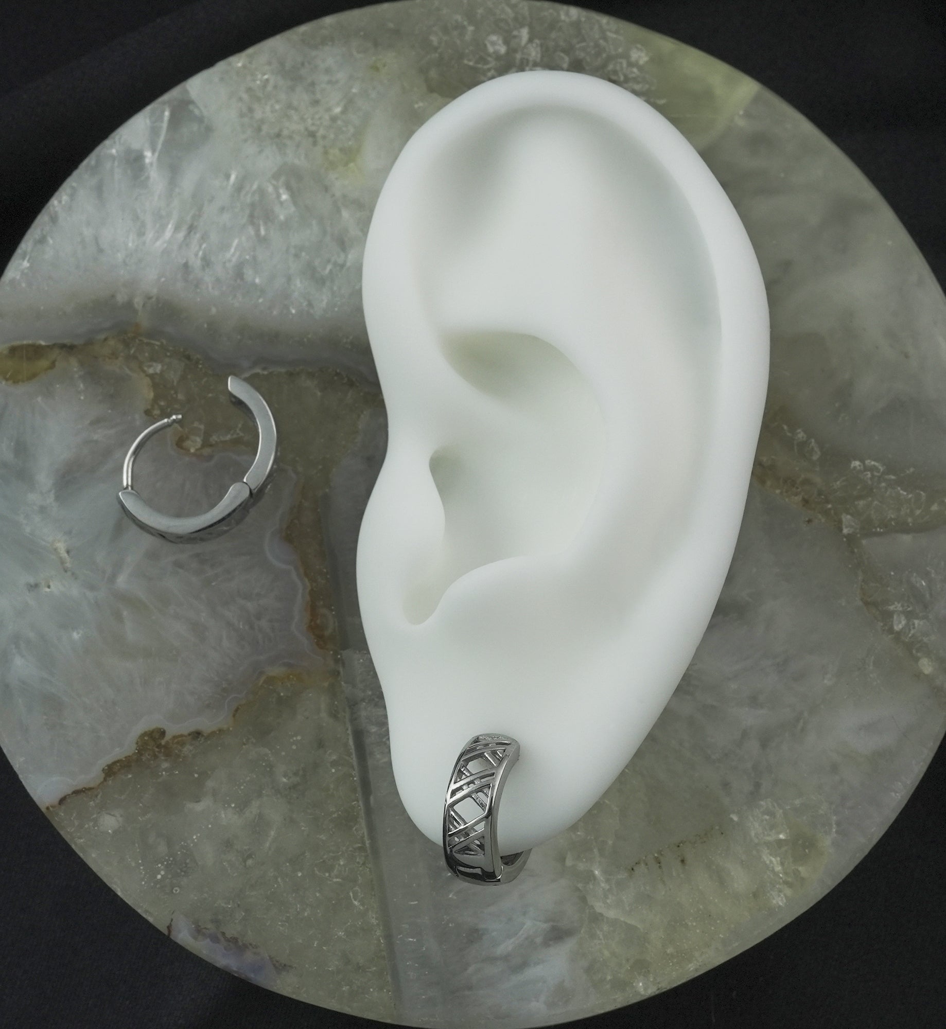 Crosshatch Stainless Steel Hinged Hoop Huggie Earrings