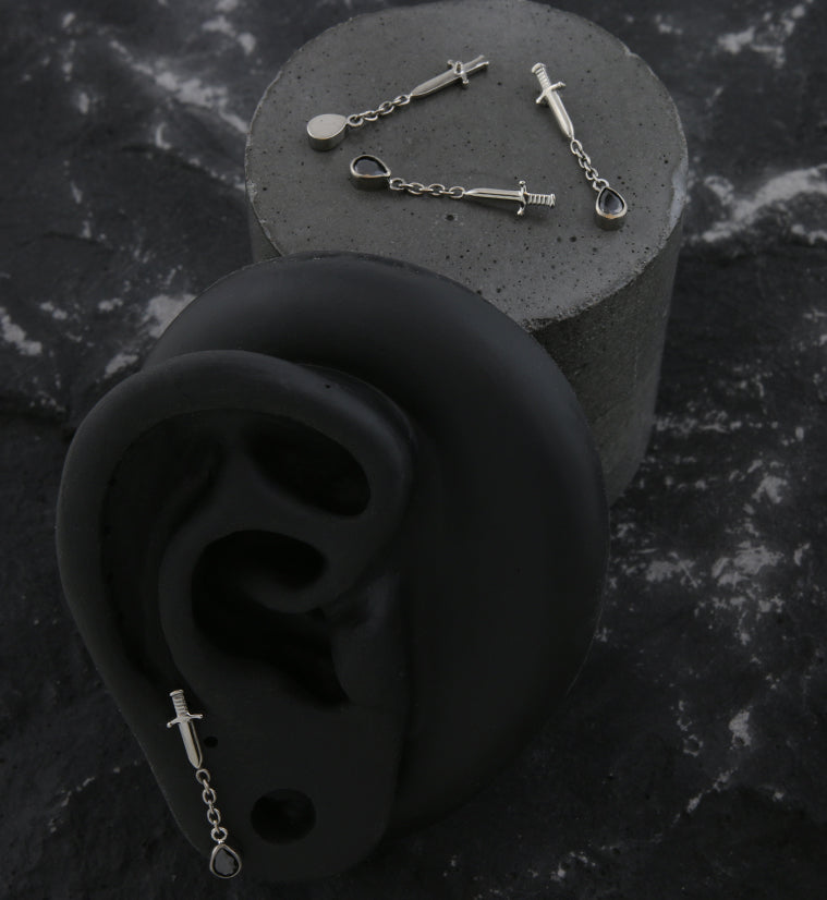 Dagger Dangle Chain Teardrop Black CZ Internally Threaded Top