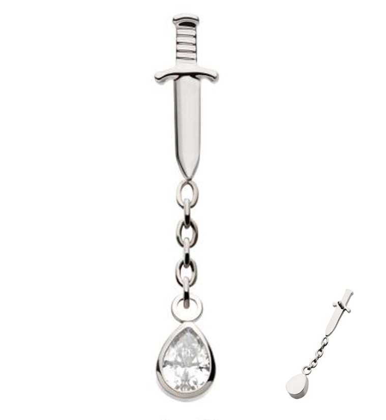 Dagger Dangle Chain Teardrop Clear CZ Internally Threaded Top