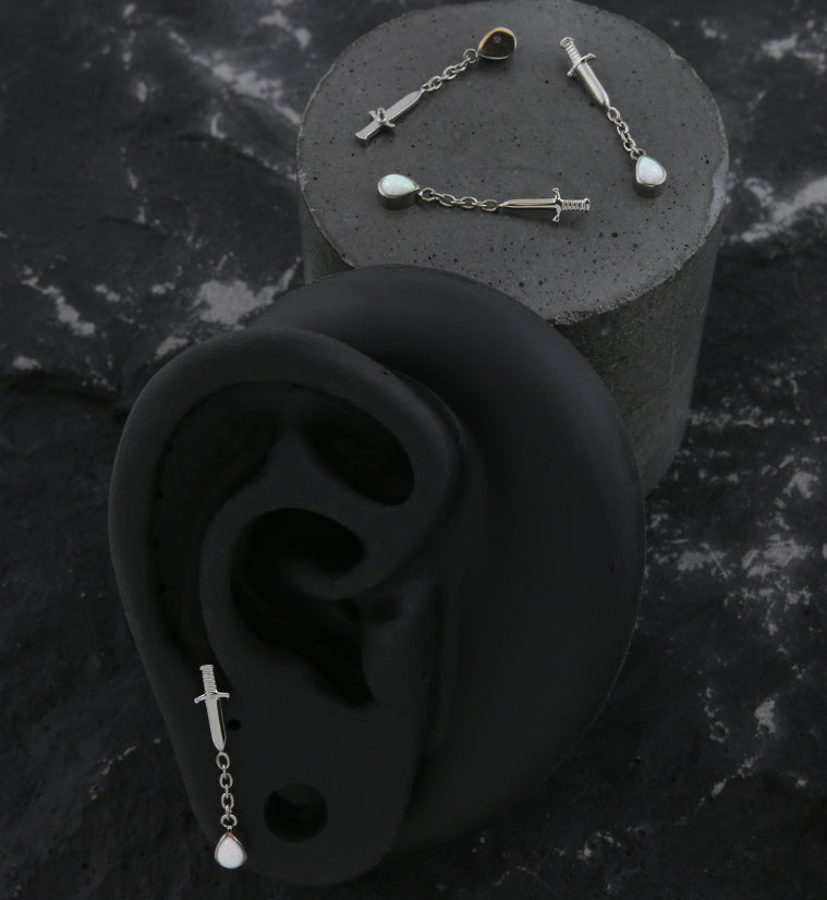 Dagger Dangle Chain Teardrop White Opalite Internally Threaded Top