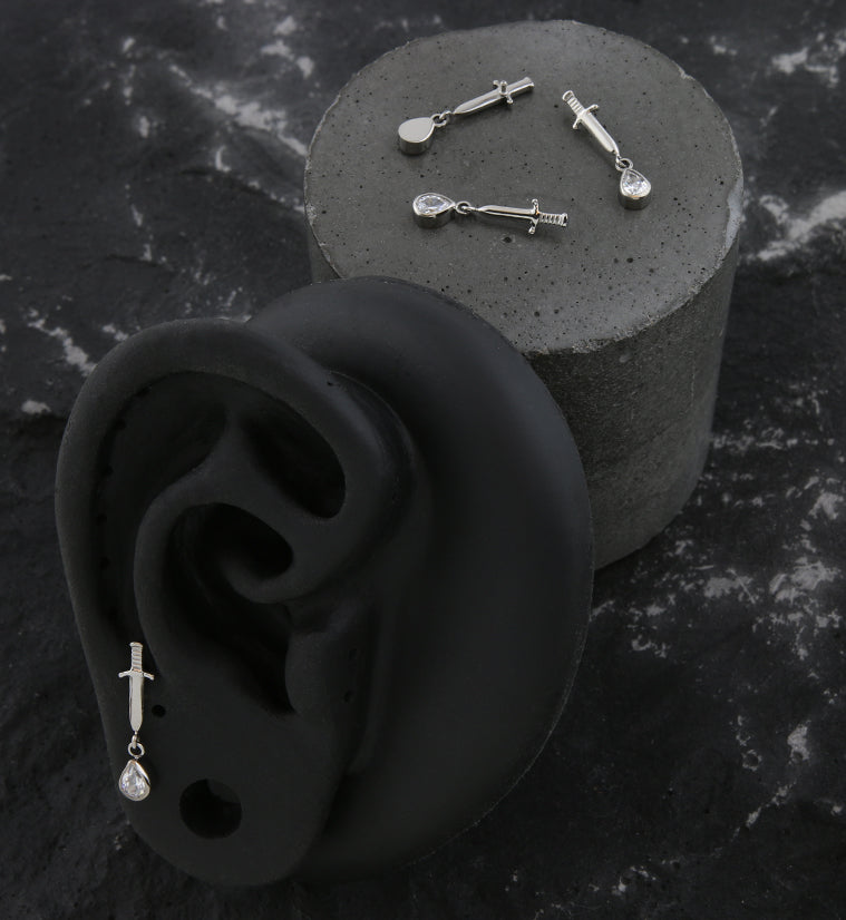 Dagger Dangle Teardrop Clear CZ Internally Threaded Top