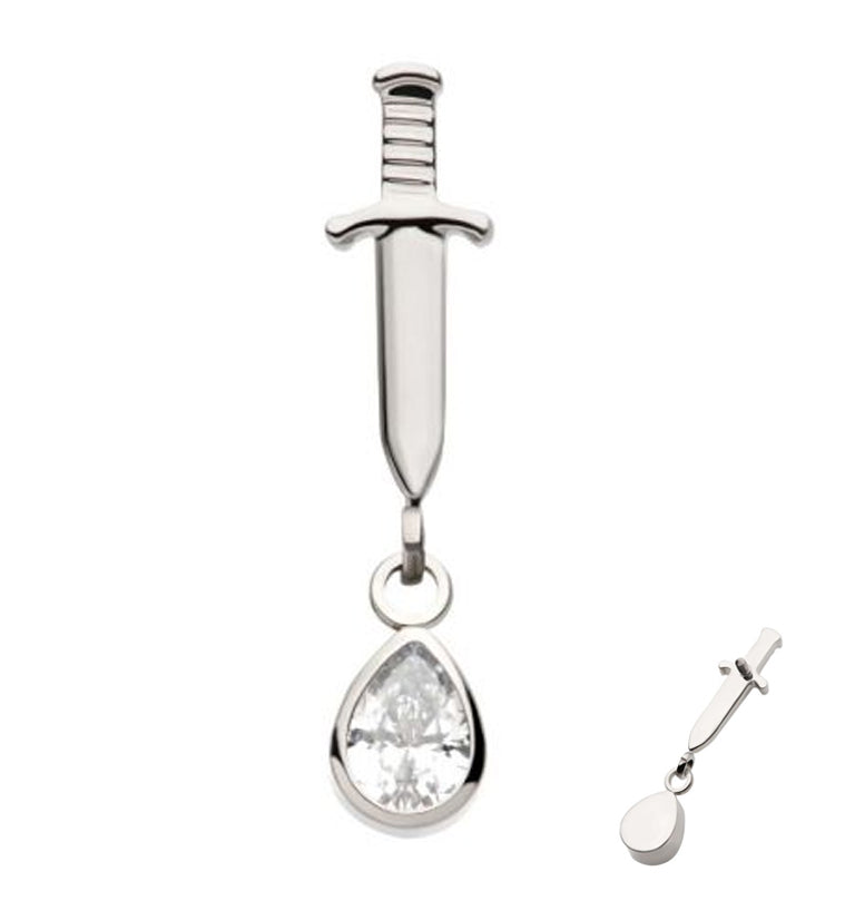 Dagger Dangle Teardrop Clear CZ Internally Threaded Top