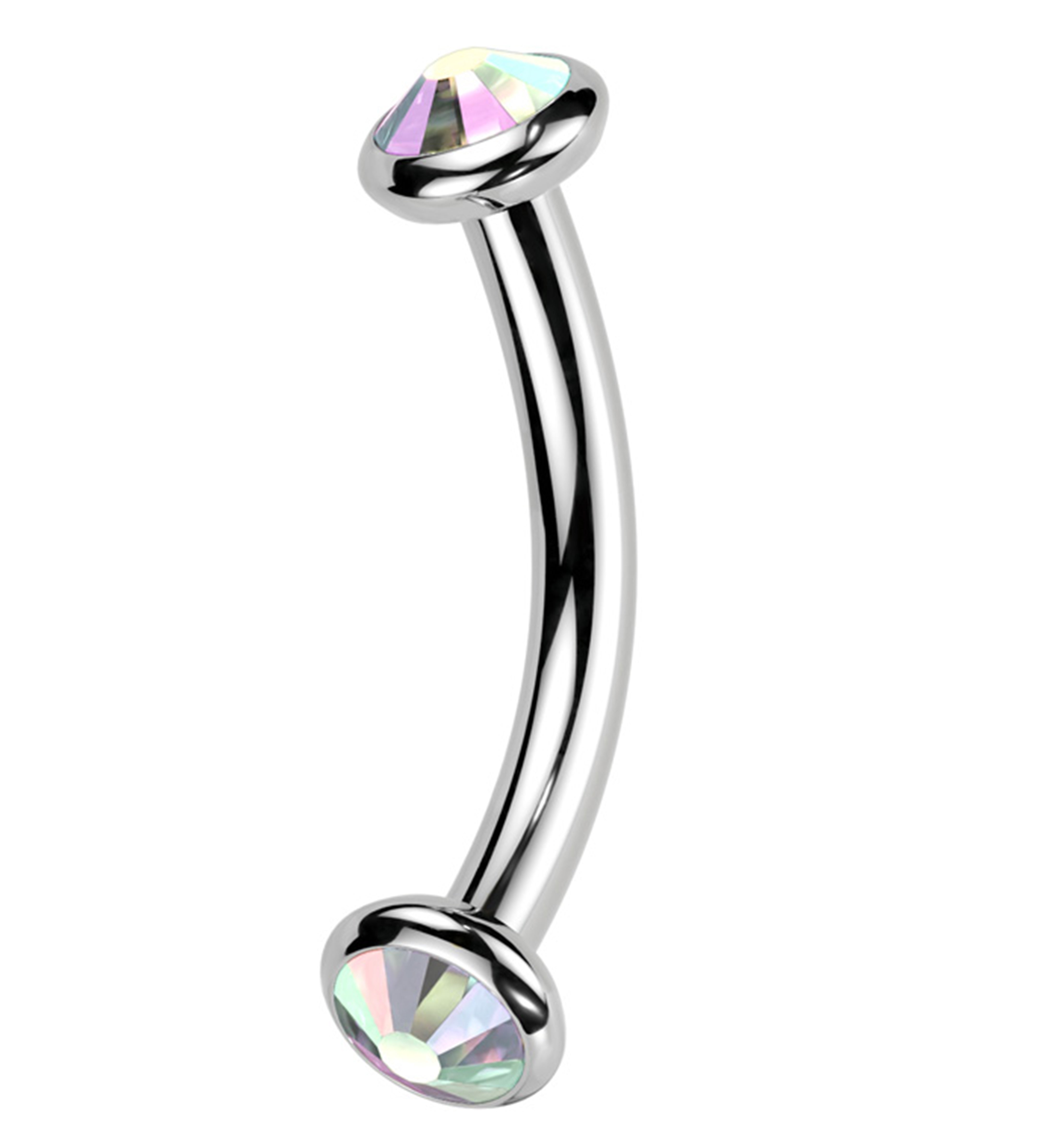 Double Bezel Rainbow Aurora CZ Internally Threaded Titanium Curved Barbell