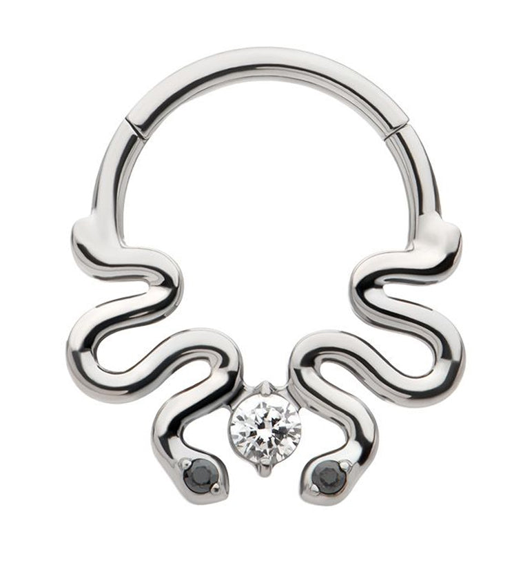 Double Curvy Snake Black CZ Eyes Hinged Segment Ring