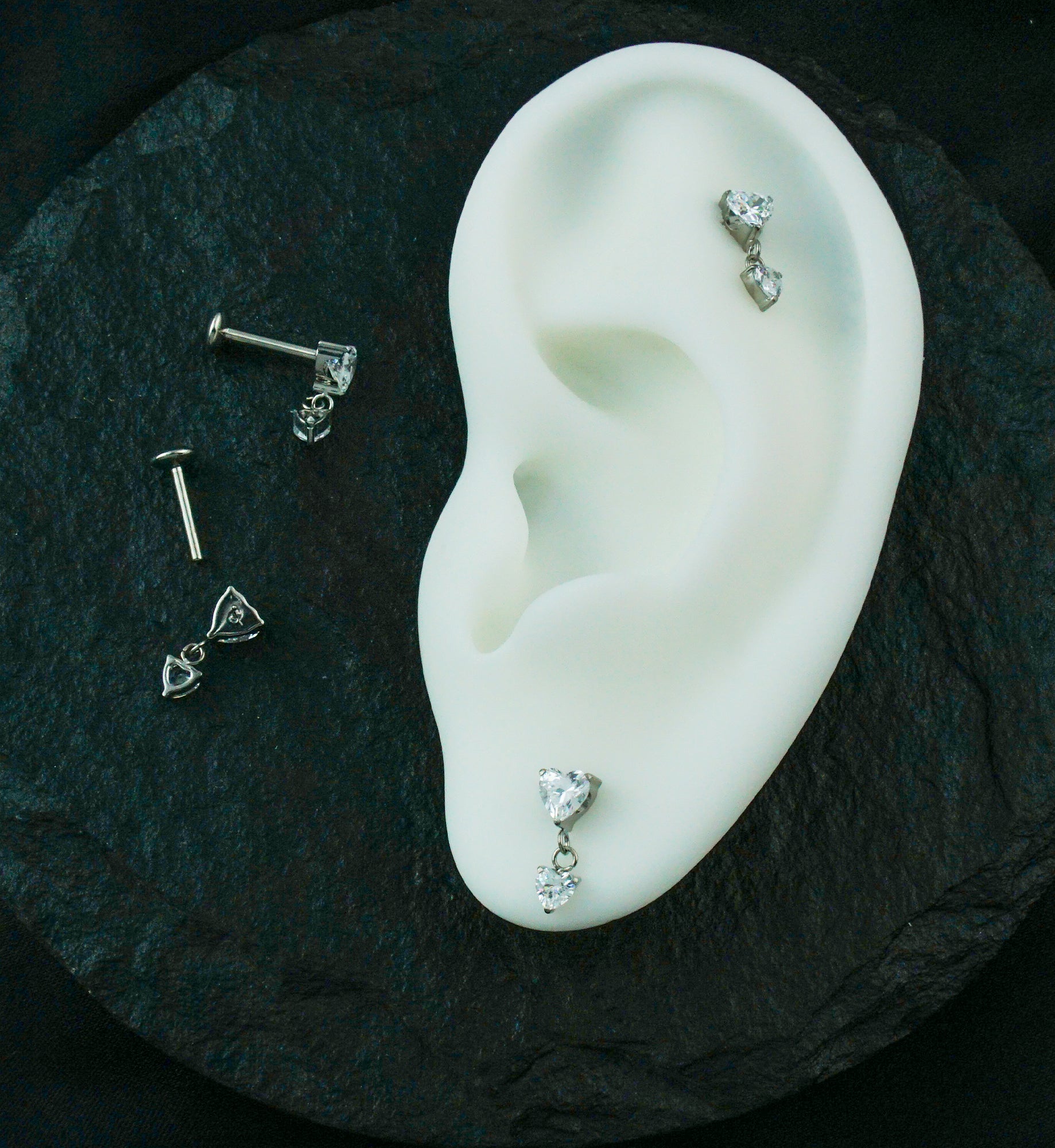 Double Heart Dangle Clear CZ Threadless Titanium Convex Disk Labret