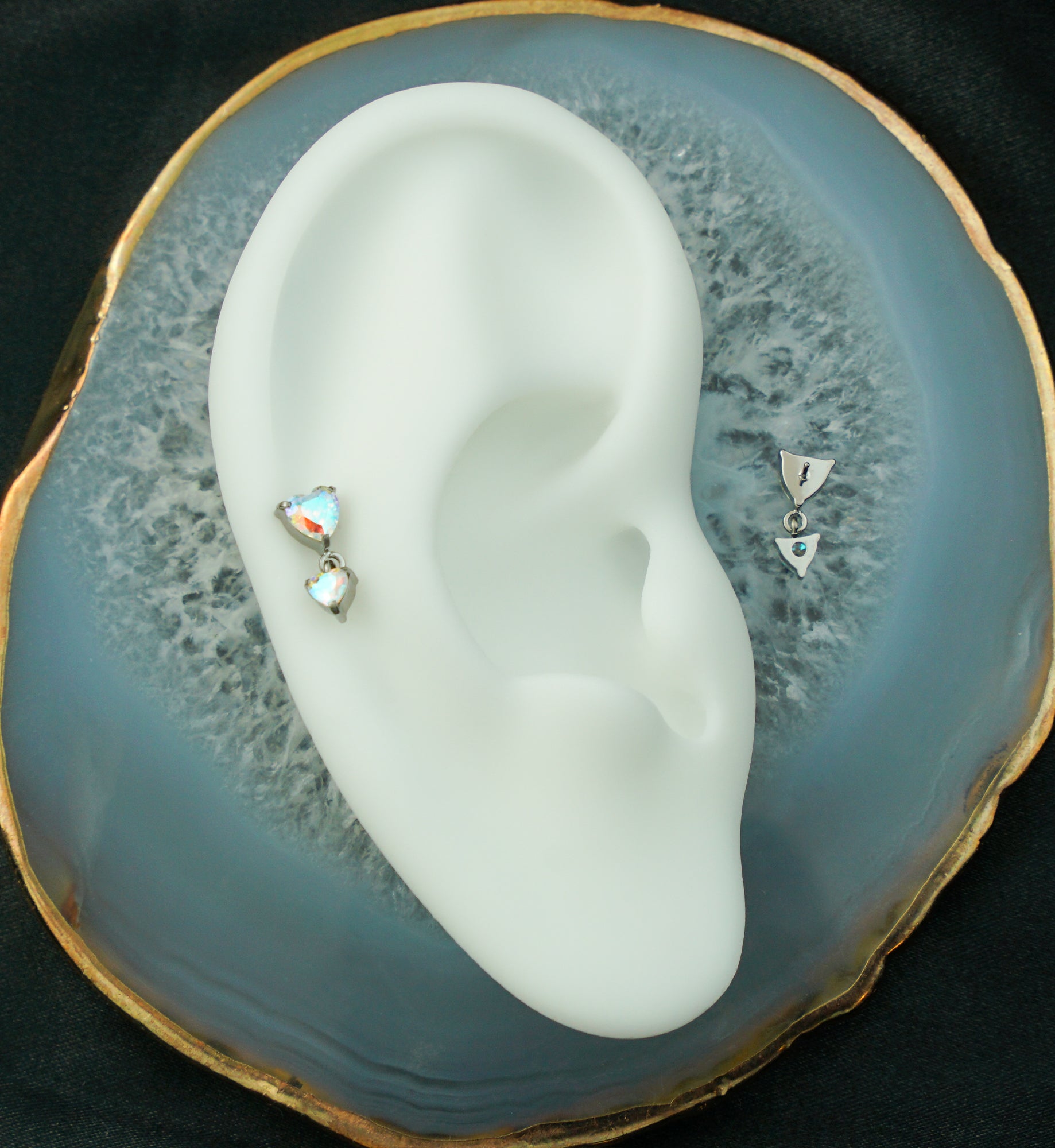 Double Heart Rainbow Aurora CZ Dangle Titanium Threadless Top