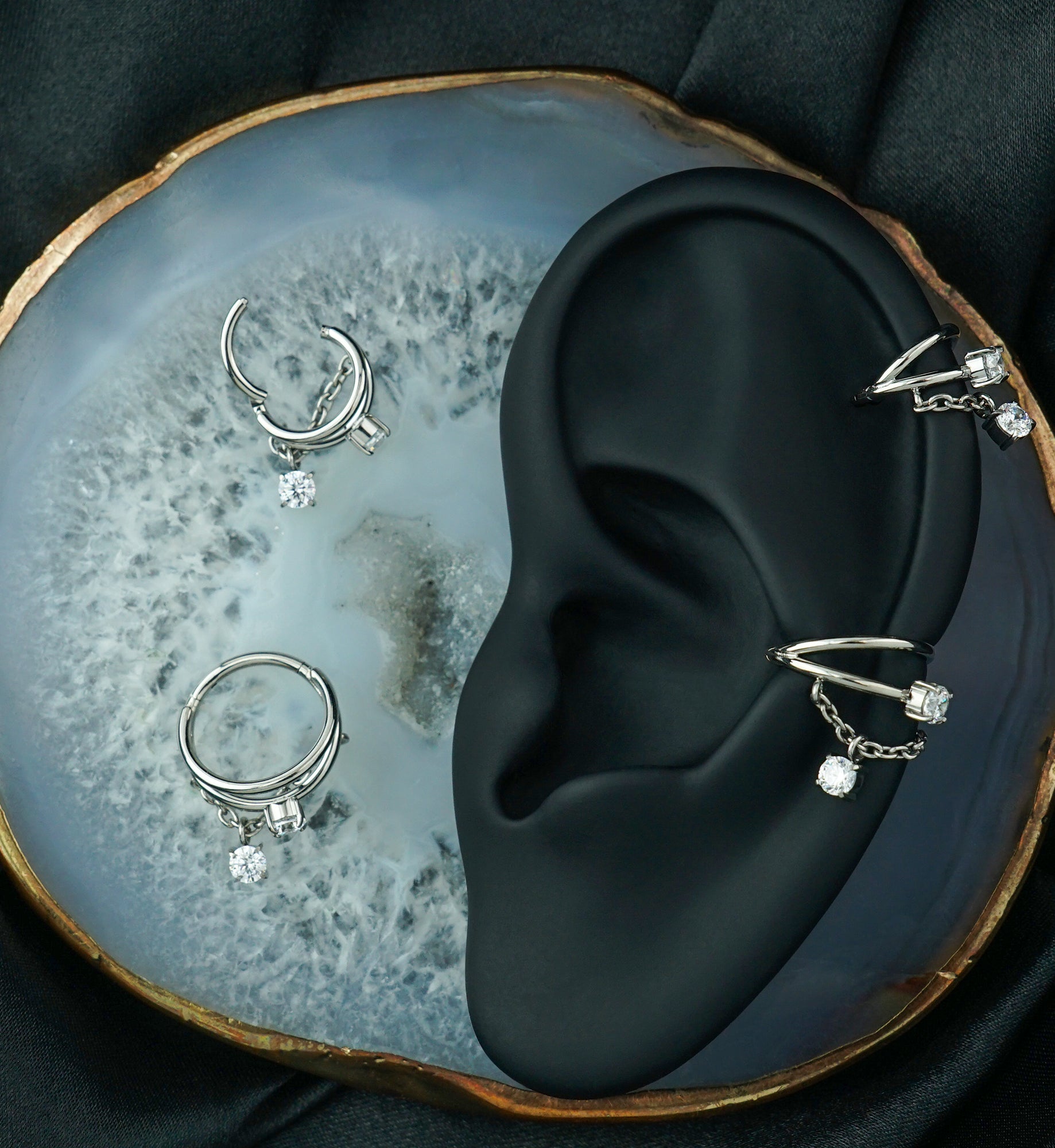 Double Hoop Clear CZ Dangle Chain Hinged Segment Ring