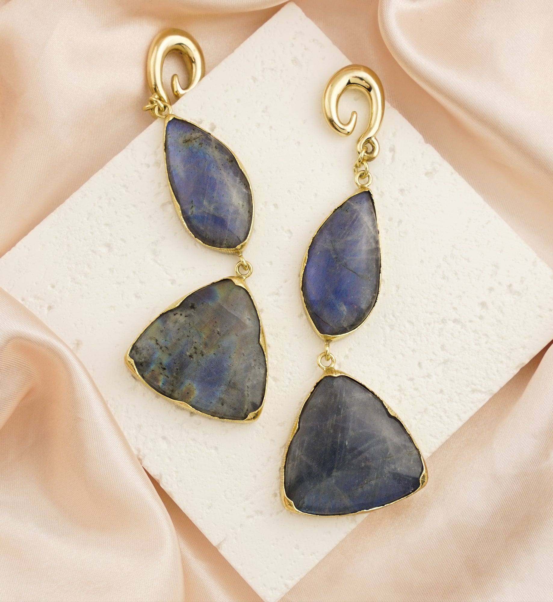 Double Labradorite Stone Brass Hangers/Ear Weights Version 1