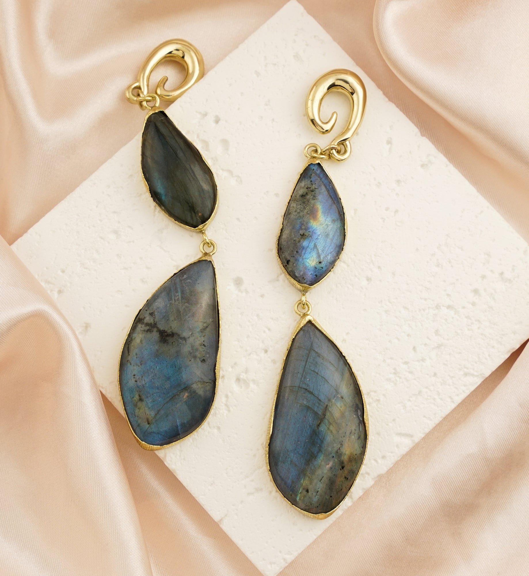 Double Labradorite Stone Brass Hangers/Ear Weights Version 2