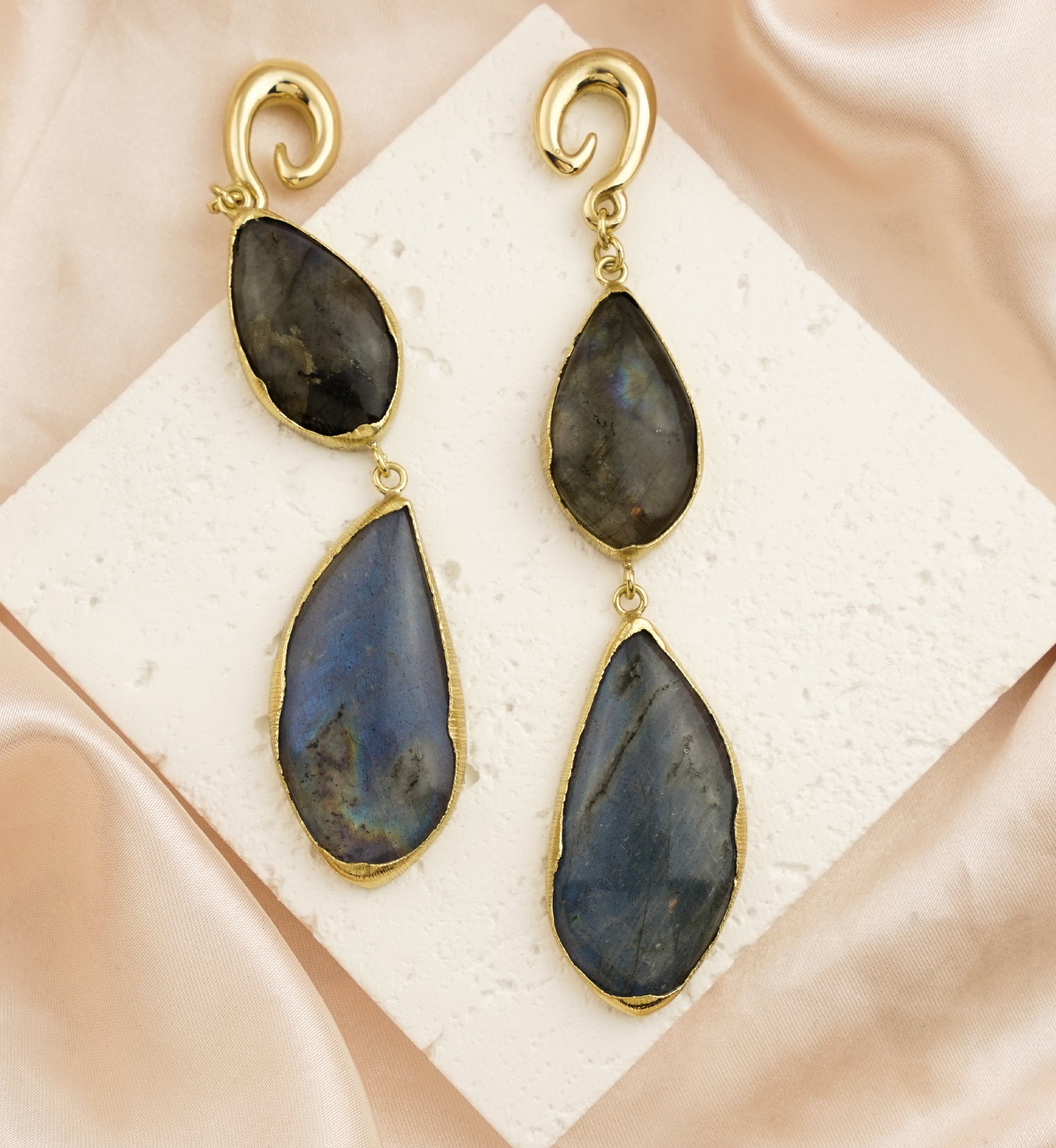 Double Labradorite Stone Brass Hangers/Ear Weights Version 4