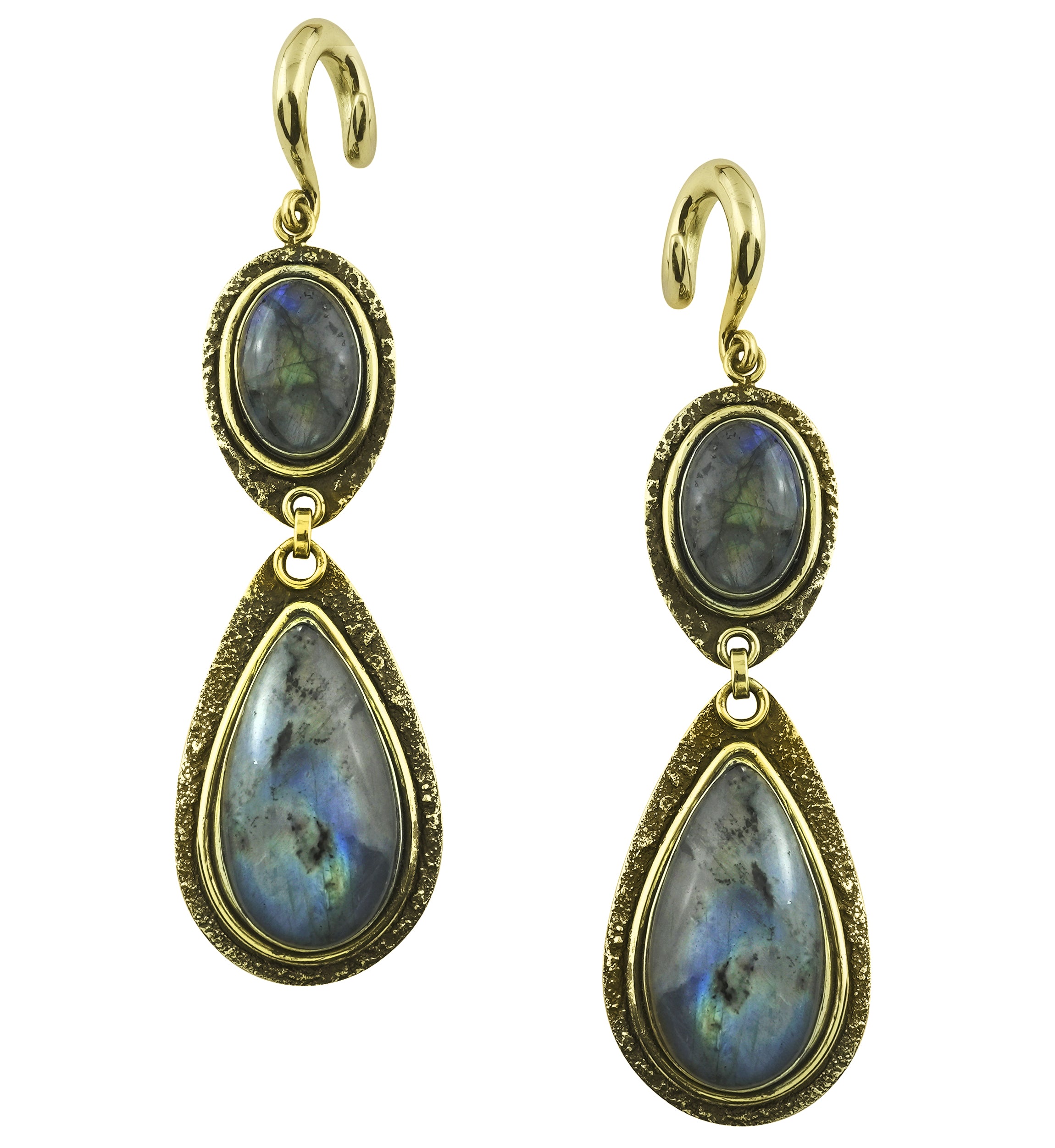 Double Labradorite Stone Hanging Brass Ear Weights
