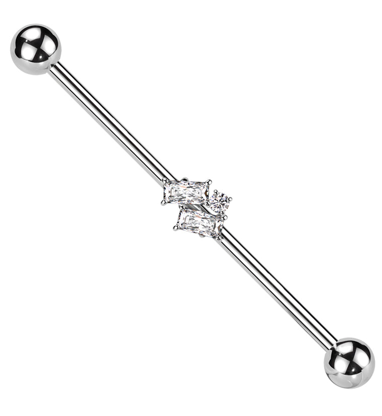 Double Slanted Baguette Clear CZ Stainless Steel Industrial Barbell