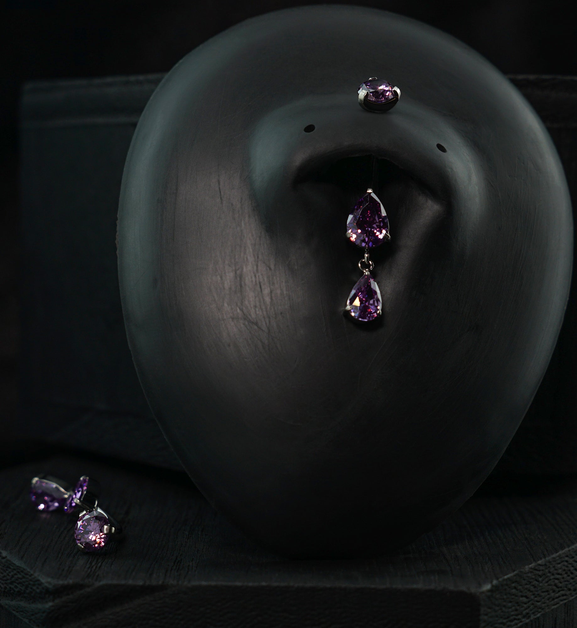 Double Teardrop Amethyst CZ Dangle Titanium Internally Threaded Belly Button Ring