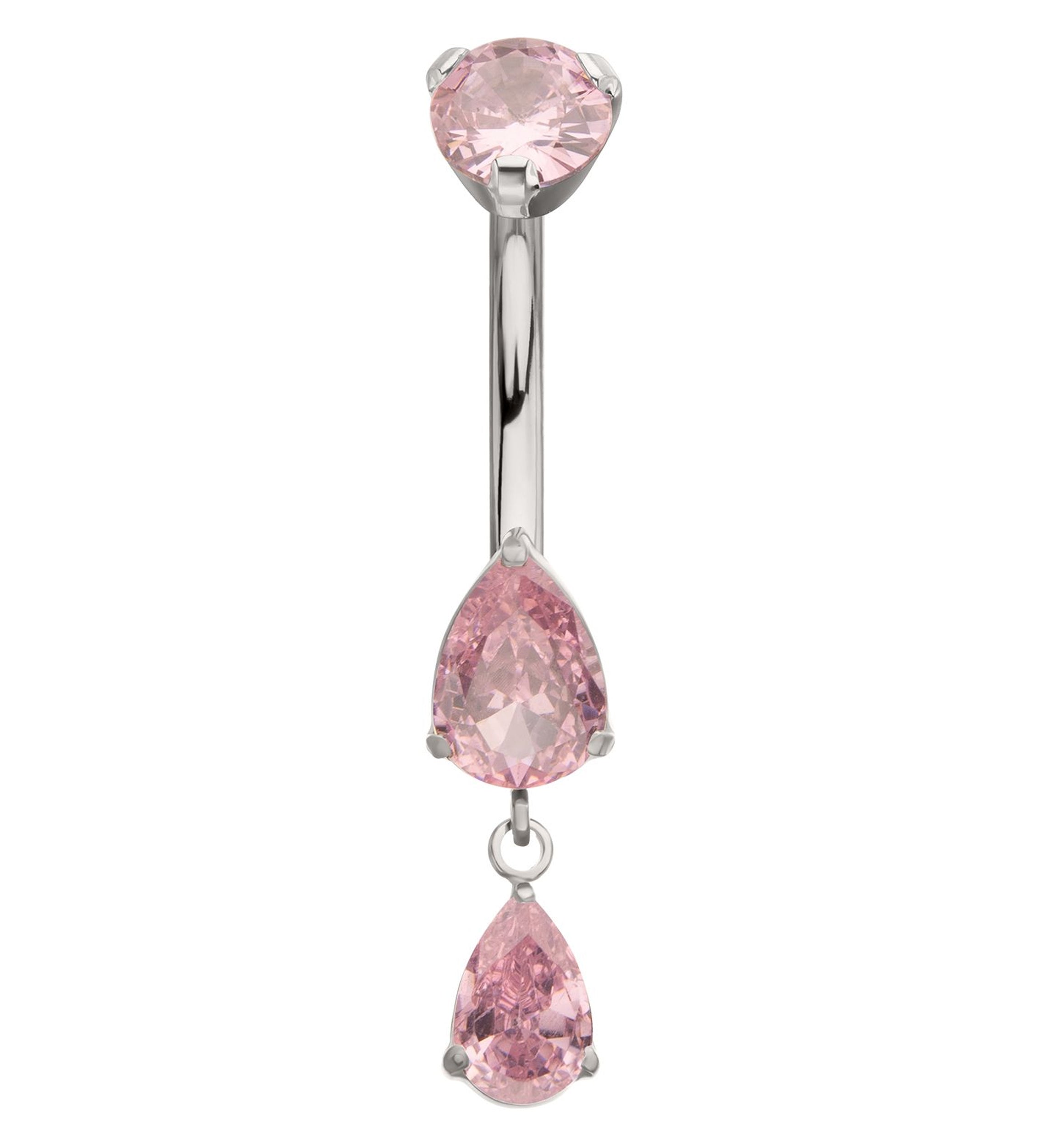 Double Teardrop Pink CZ Dangle Titanium Internally Threaded Belly Button Ring