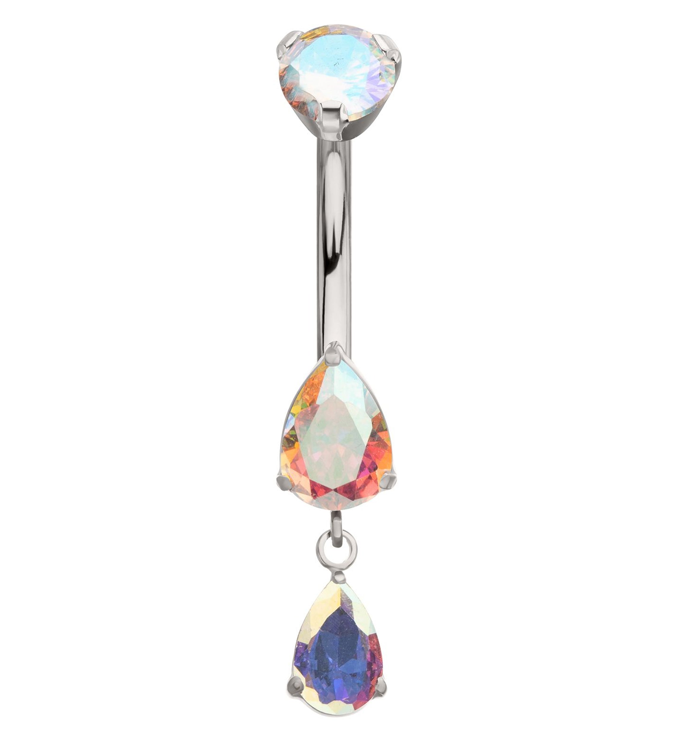 Double Teardrop Rainbow Aurora CZ Dangle Titanium Internally Threaded Belly Button Ring