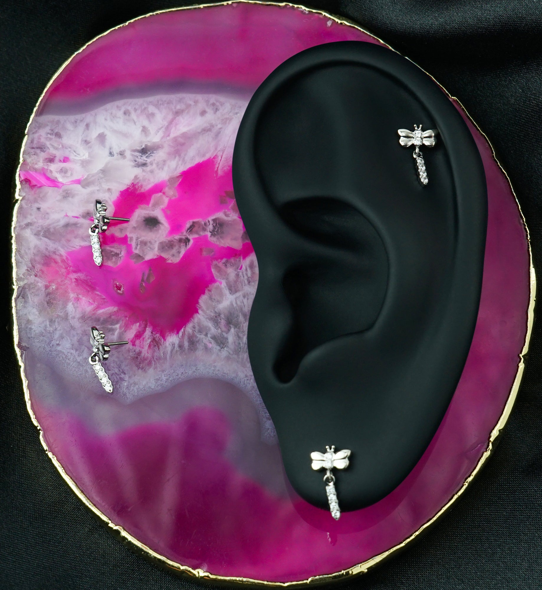 Dragonfly Clear CZ Dangle Titanium Threadless Top