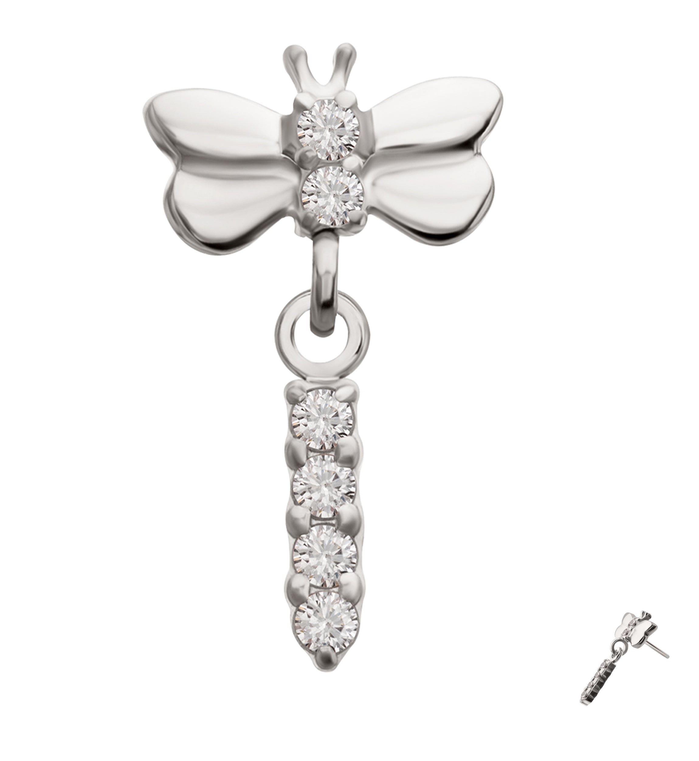 Dragonfly Clear CZ Dangle Titanium Threadless Top