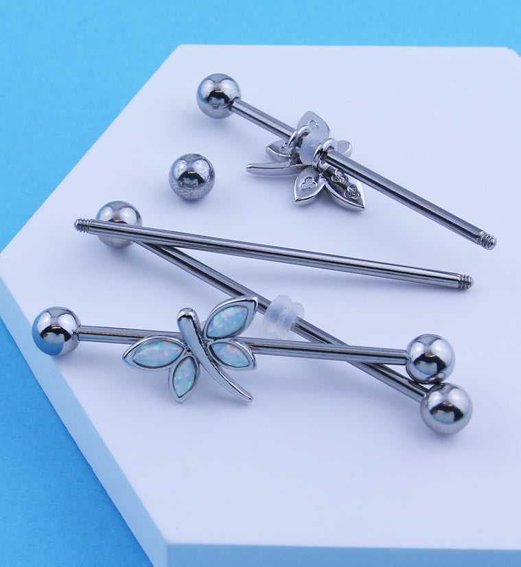 Dragonfly White Opalite Stainless Steel Industrial Barbell